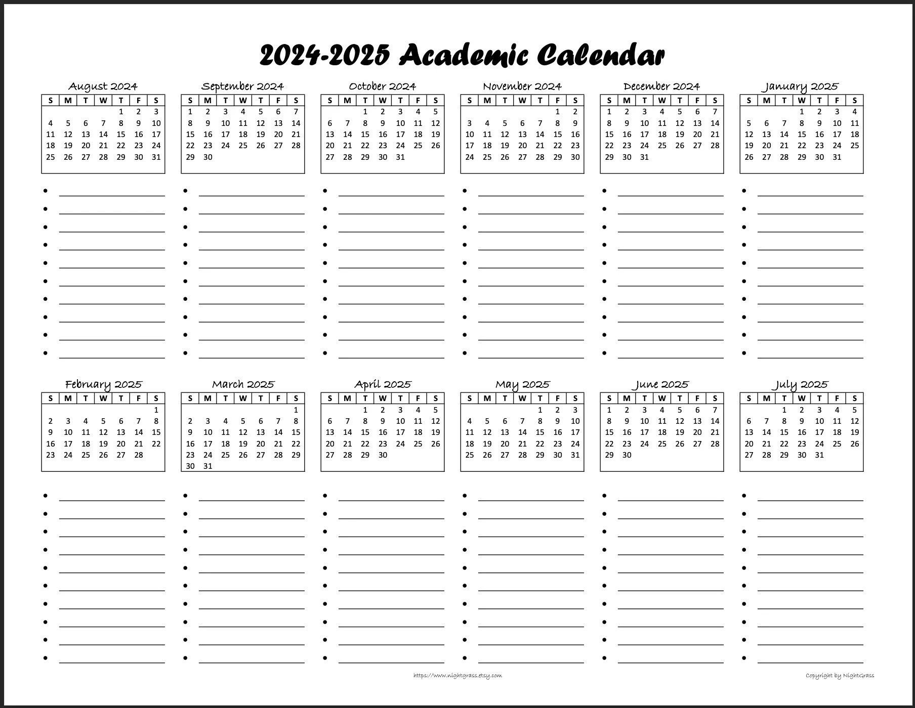 2024 2025 Academic Calendar dot 8 5x11 Instant PDF Download Etsy