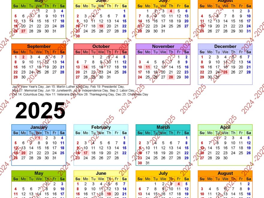 2024 2025 Colorful Calendar Printable Yearly Calendar 12 months Calendar Simple Calendar Digital Calendar One Page Calendar Etsy
