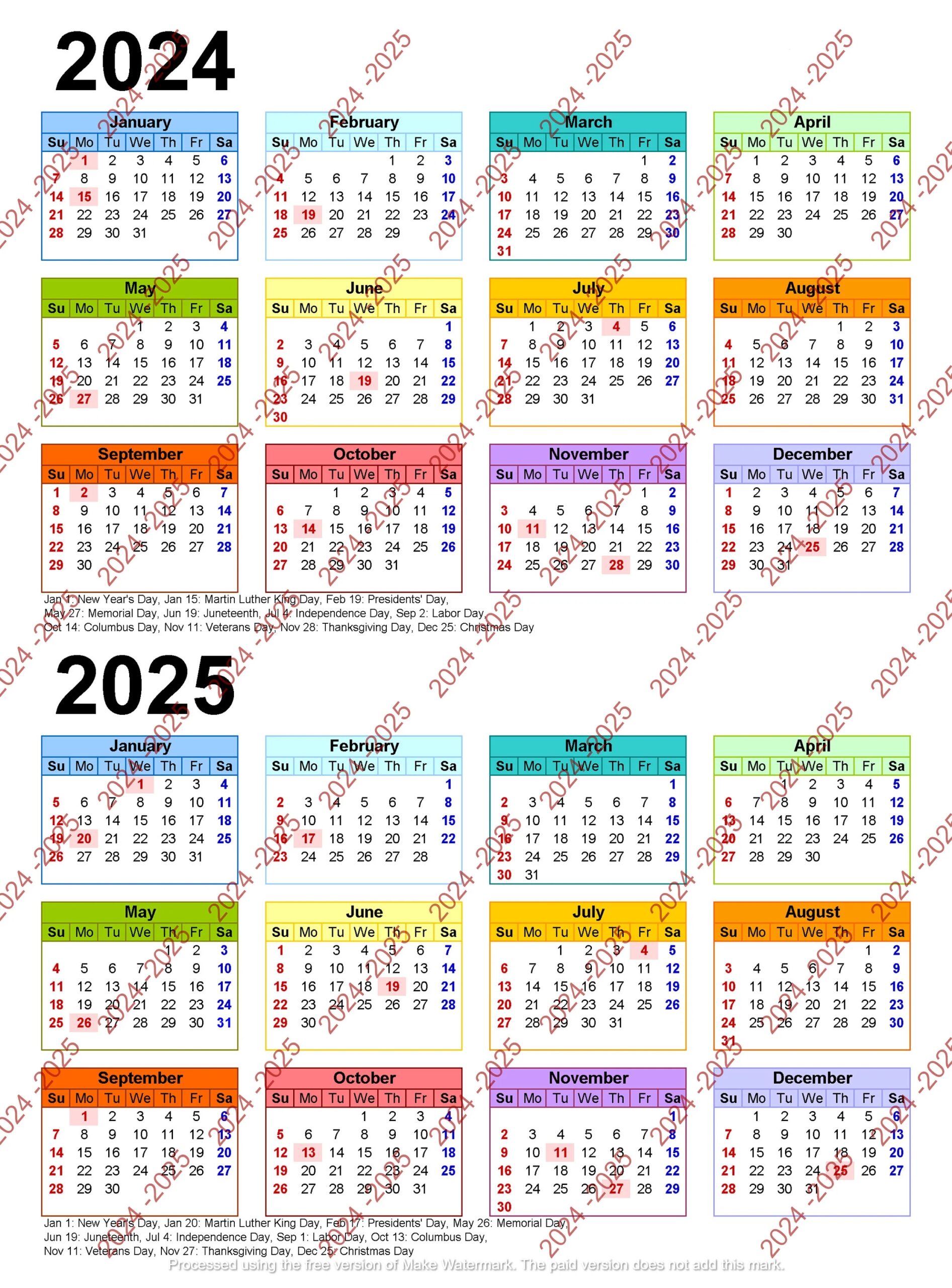 2024 2025 Colorful Calendar Printable Yearly Calendar 12 months Calendar Simple Calendar Digital Calendar One Page Calendar Etsy