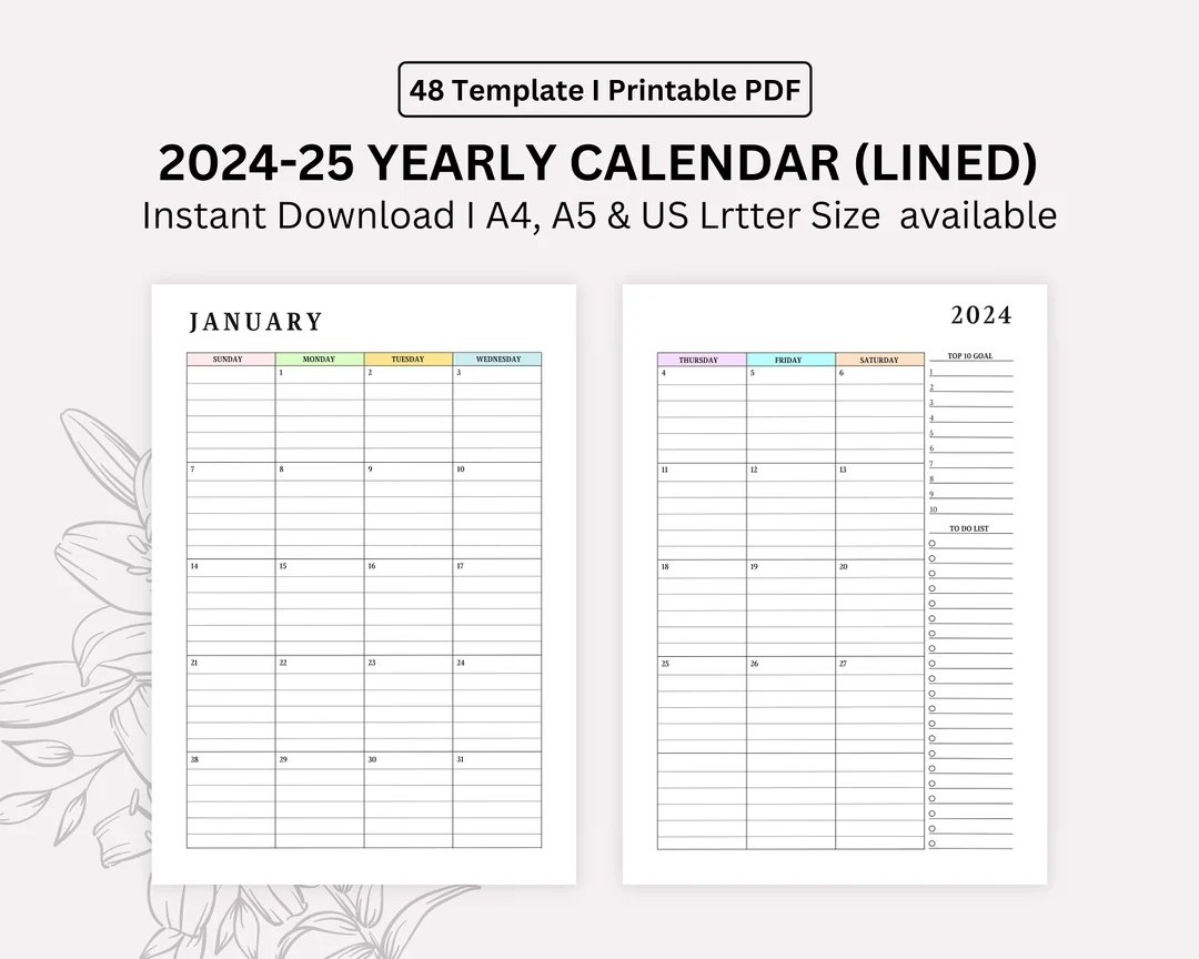 2024 2025 Monthly Lined Calendar Printable Dated Month On 2 Pages Month At A Glance A4 a5 letter half Instant Download Etsy