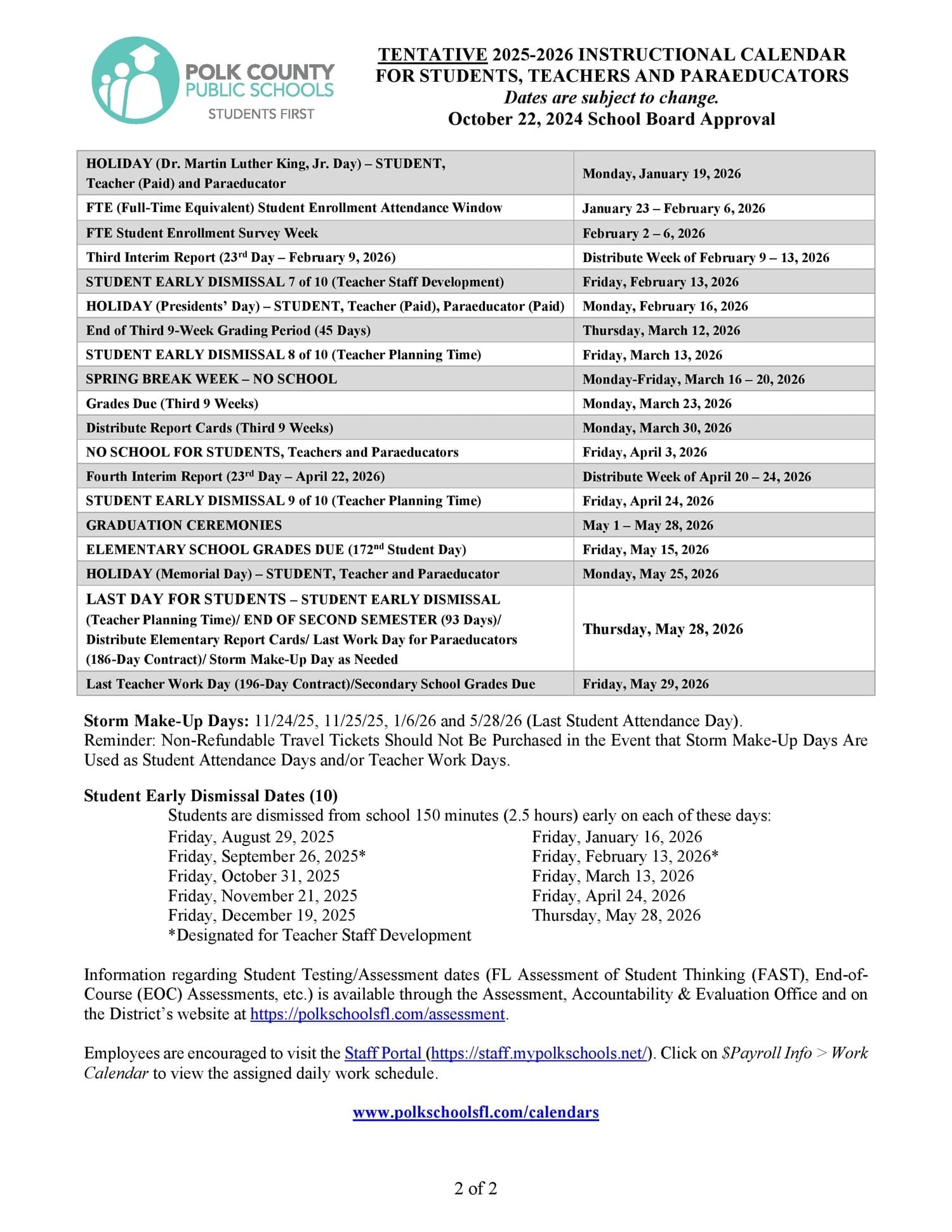 2025 2026 Polk County School Calendar Public Charter Private