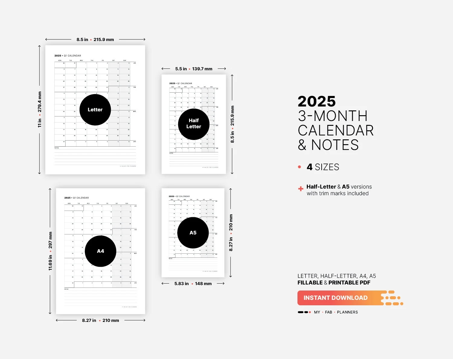 2025 3 month Calendar Notes Printable At a glance Quarterly Action Planner Fillable Productivity Family Appointment Tracker PDF Template Etsy