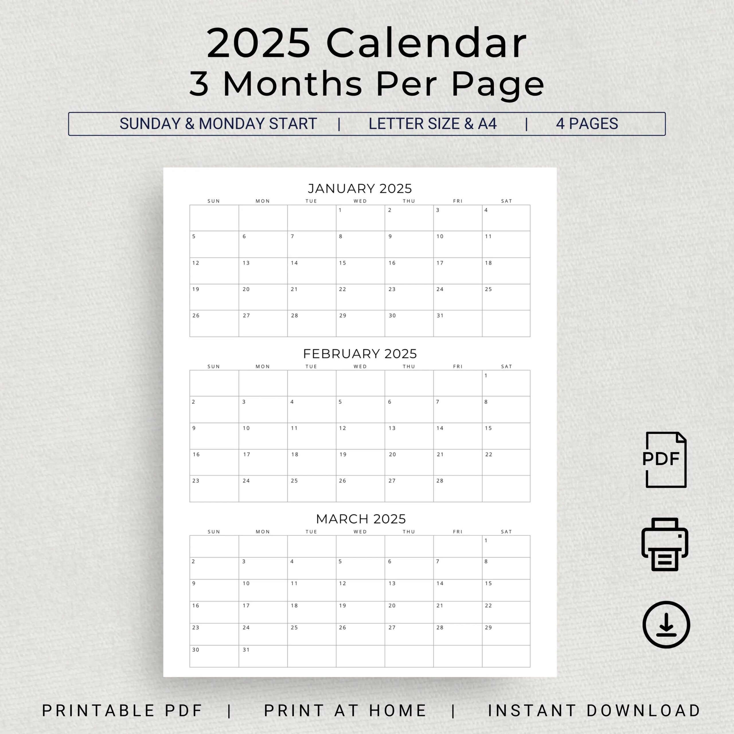 2025 3 Months Per Page Calendar Printable 2025 Monthly Calendar 2025 Monthly Planner Quarterly Work Planner Desk Or Wall Calendar PDF 2025 Etsy