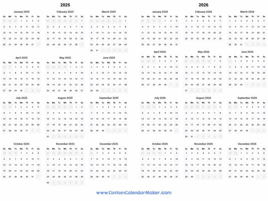 2025 And 2026 Two Year Calendar Custom Calendar Maker