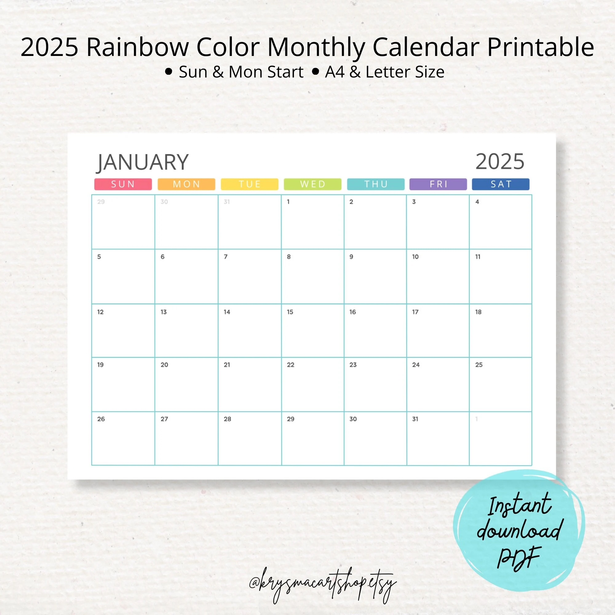 2025 Calendar 2025 Monthly Calendar 2025 Rainbow Color Monthly Calendar Monday Sunday Start A4 And Letter Size PDF File Etsy