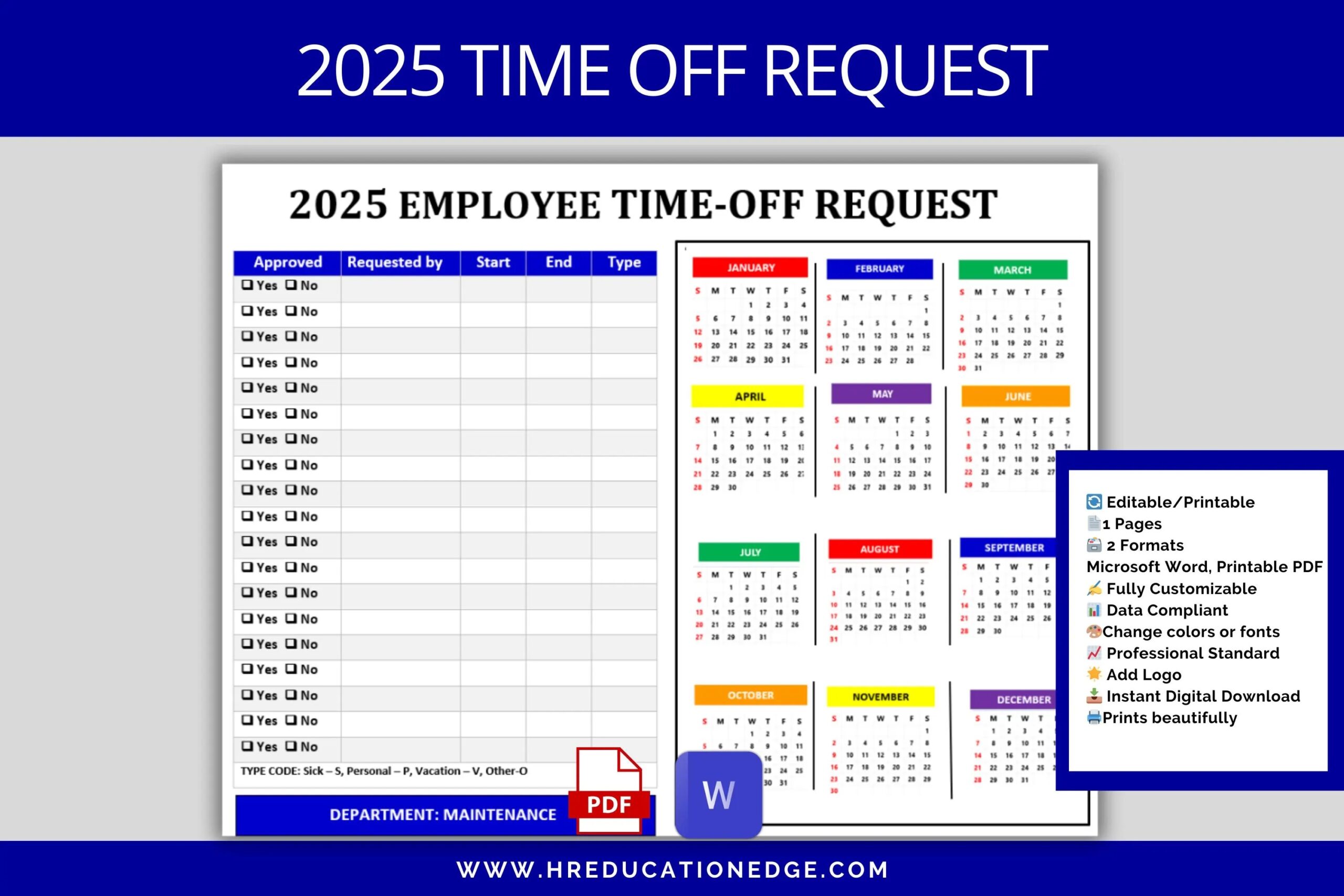2025 Calendar HR Employee Time Off Request Planner PTO Vacation Leave Calendar Time Off Form HR Templates Days Off Tracker Benefits Etsy