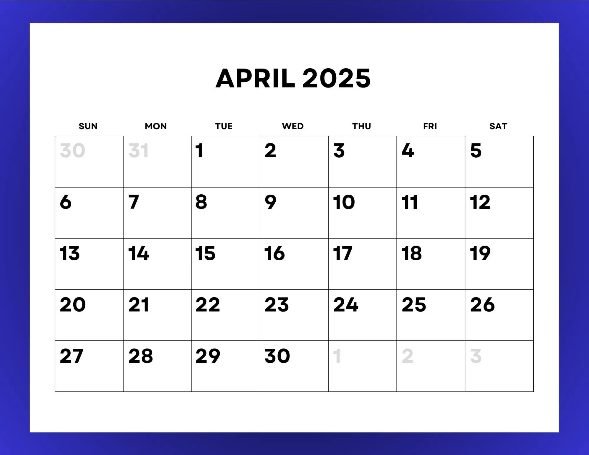 2025 Calendar Monthly Printable With Large Numbers Etsy