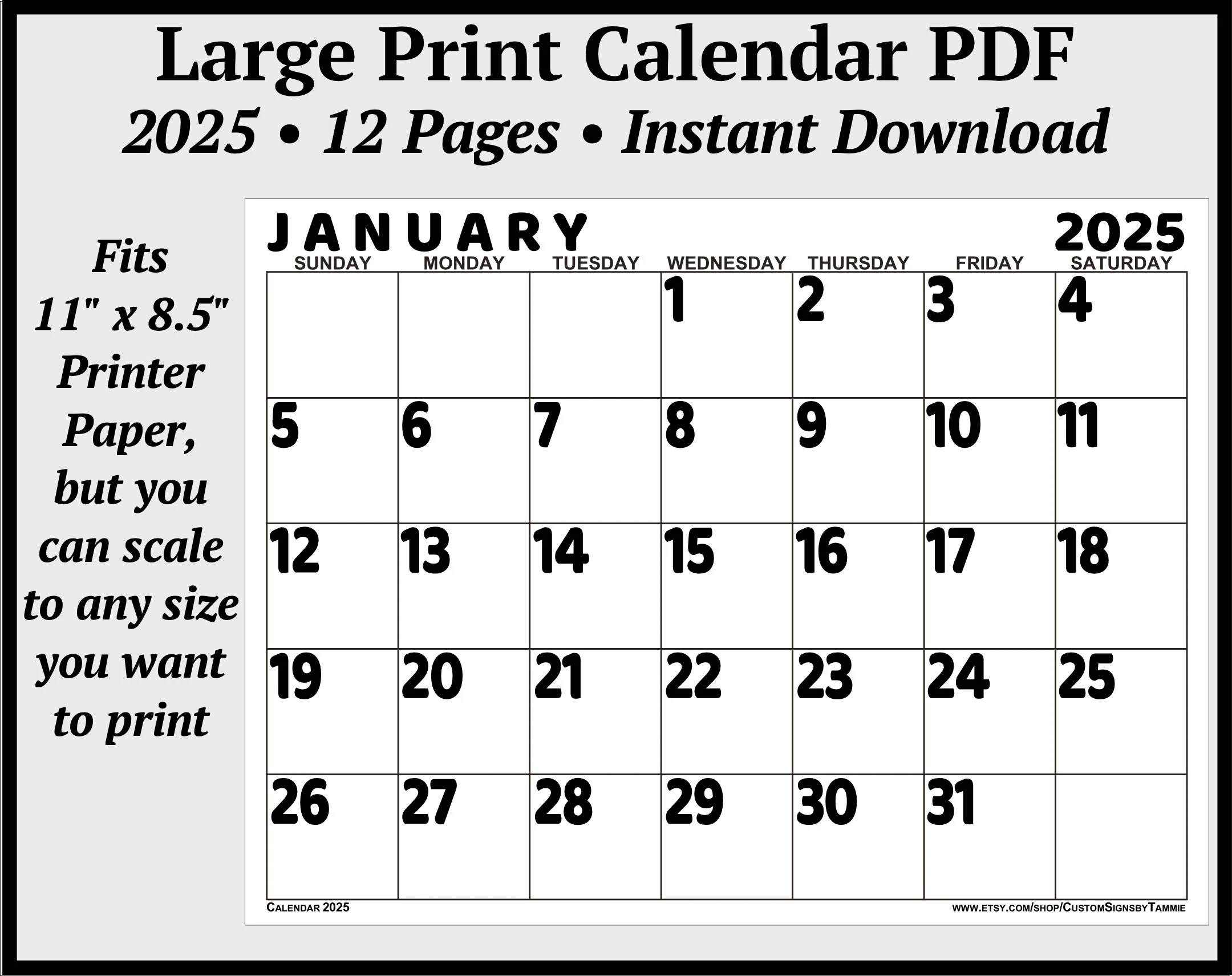 2025 Calendar PDF With Large Print Big Bold Numbers Instant Digital Download Etsy