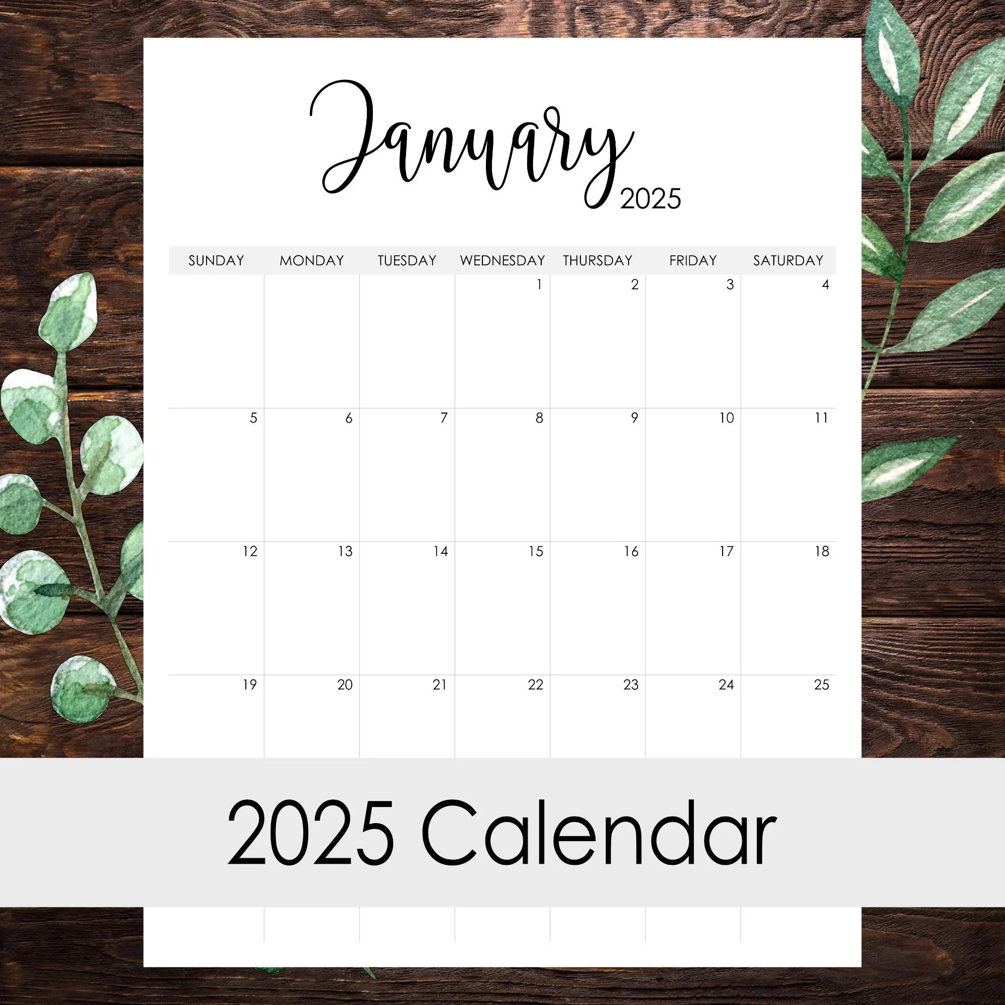 2025 Blank Horizontal Calendar Caligraphy