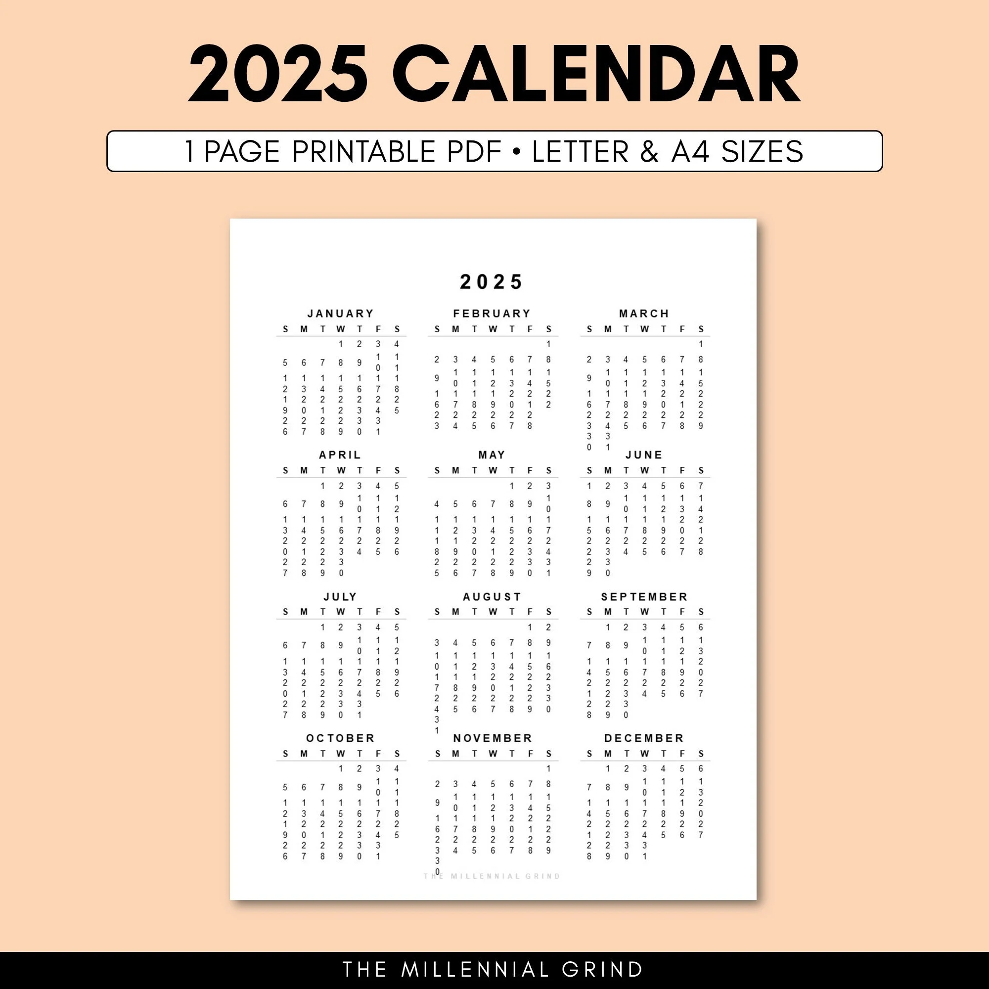2025 Calendar Printable 2025 Calendar Template 2025 Calendar 2025 Calendar Digital 2025 Yearly Calendar 2025 Calendar A4 Letter Etsy