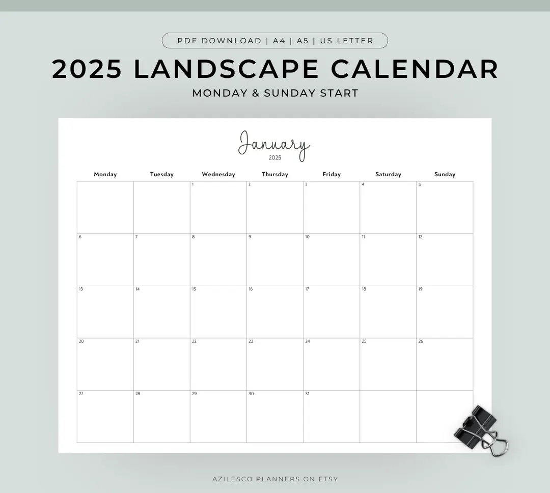 2025 Calendar Printable Landscape Minimalist Monthly Calendar 2025 Calendar Printable Etsy