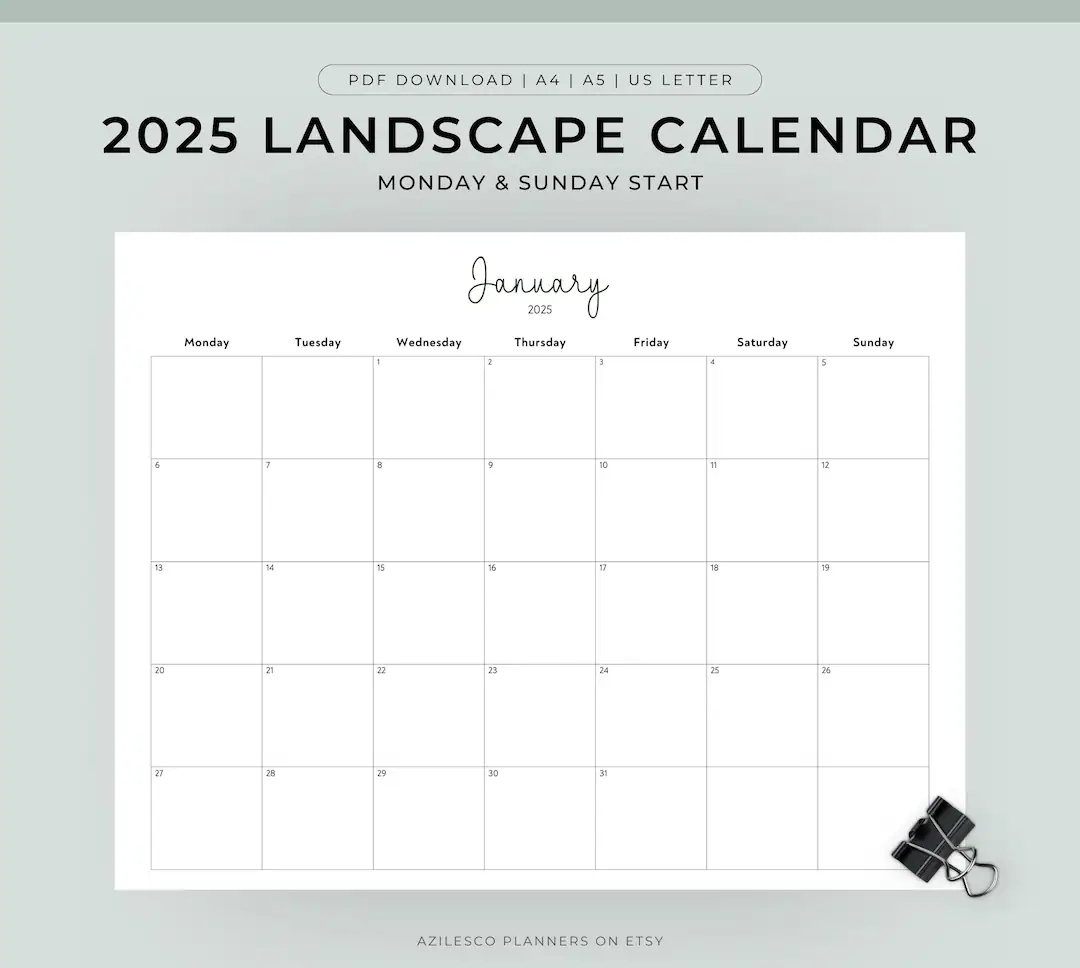 2025 Calendar Printable Landscape Minimalist Monthly Calendar 2025 Calendar Printable Etsy