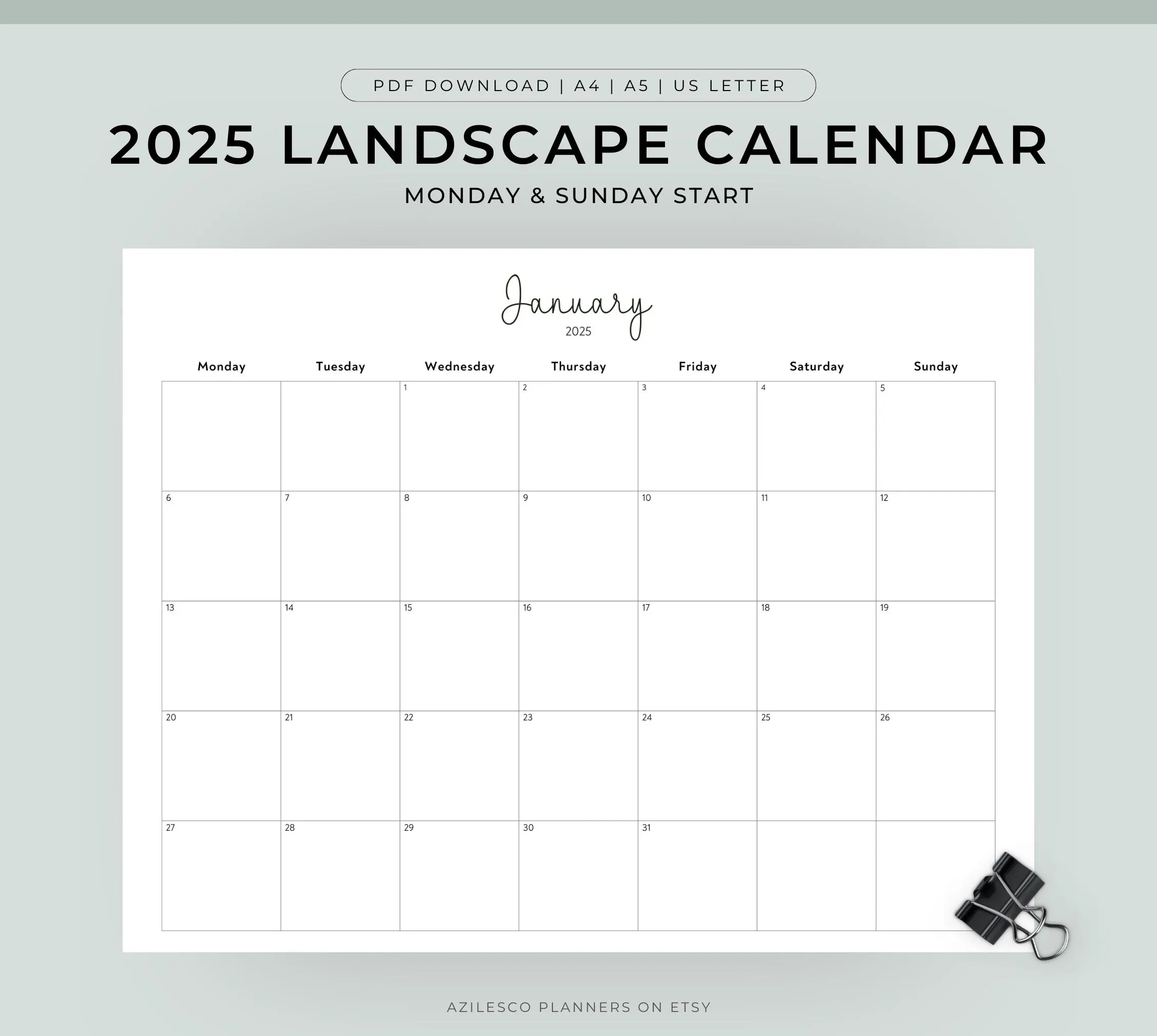 2025 Calendar Printable Landscape Minimalist Monthly Calendar 2025 Calendar Printable Etsy