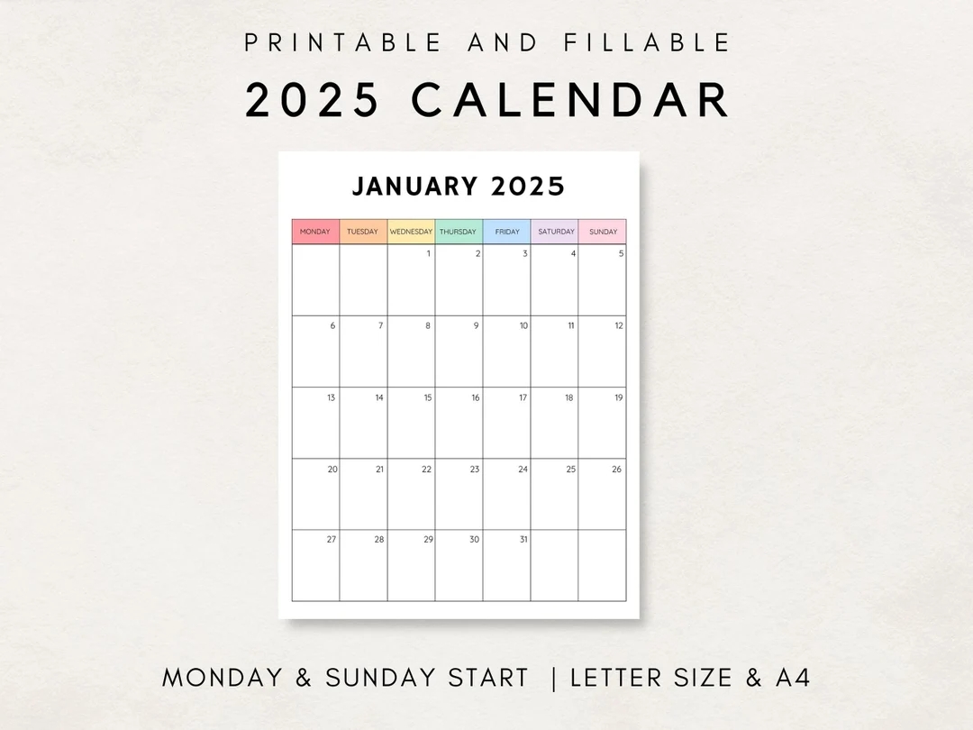 2025 Calendar Printable Monthly Calendar 2025 Blank Calendar 2025 Calendar Template 12 Month Calendar Month At A Glance 2025 Planner Etsy