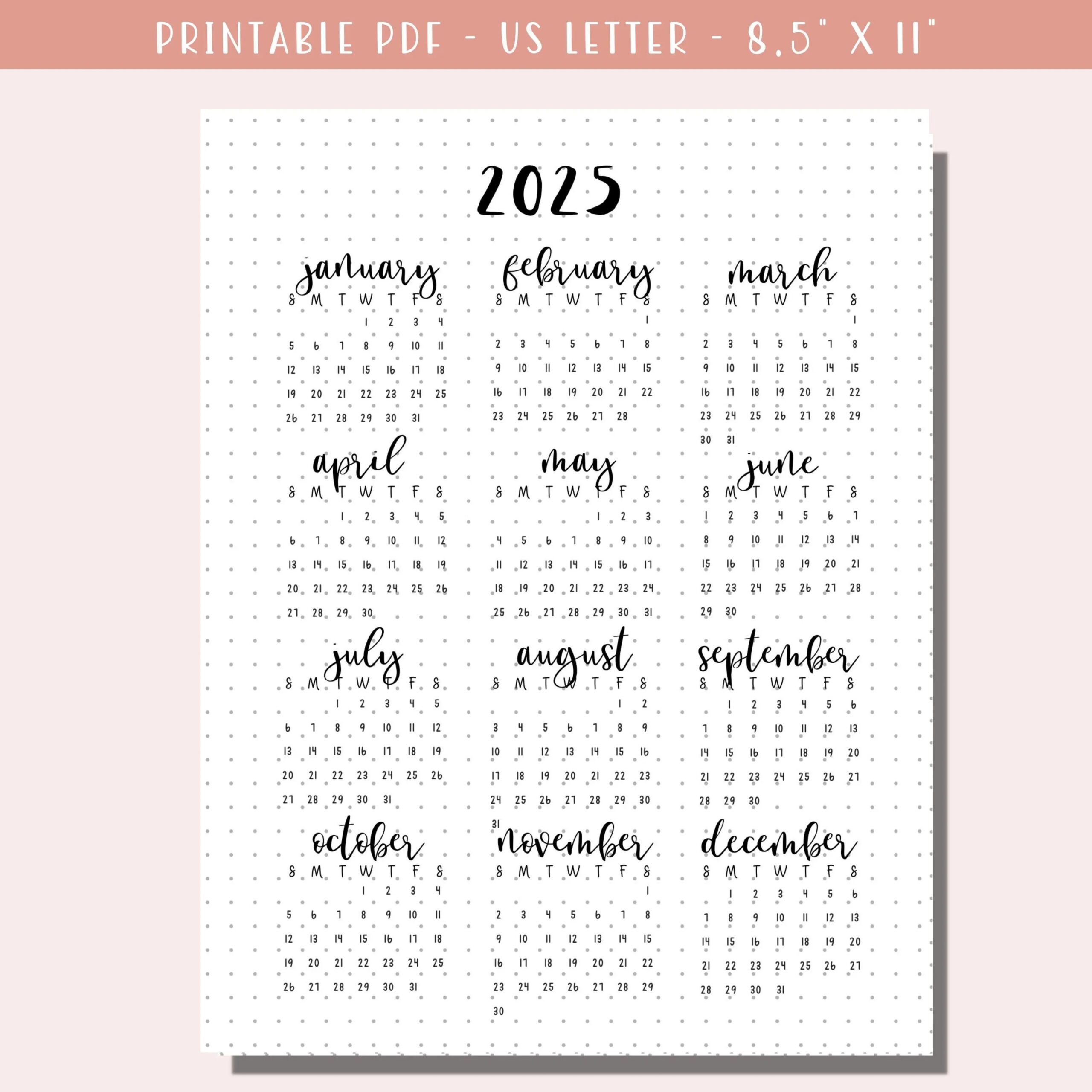 2025 Calendar Printable Planner 2025 Dotted Bullet Journal Page Monday Sunday Start A5 Journal Insert Minimalist PDF Download Etsy