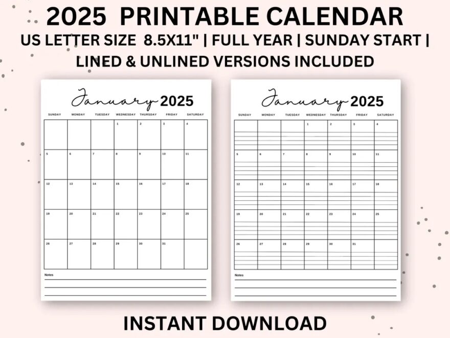 2025 Calendar Printable Portrait Monthly Calendar With Lines Monthly Calendar Vertical Lined Monthly Calendar Etsy