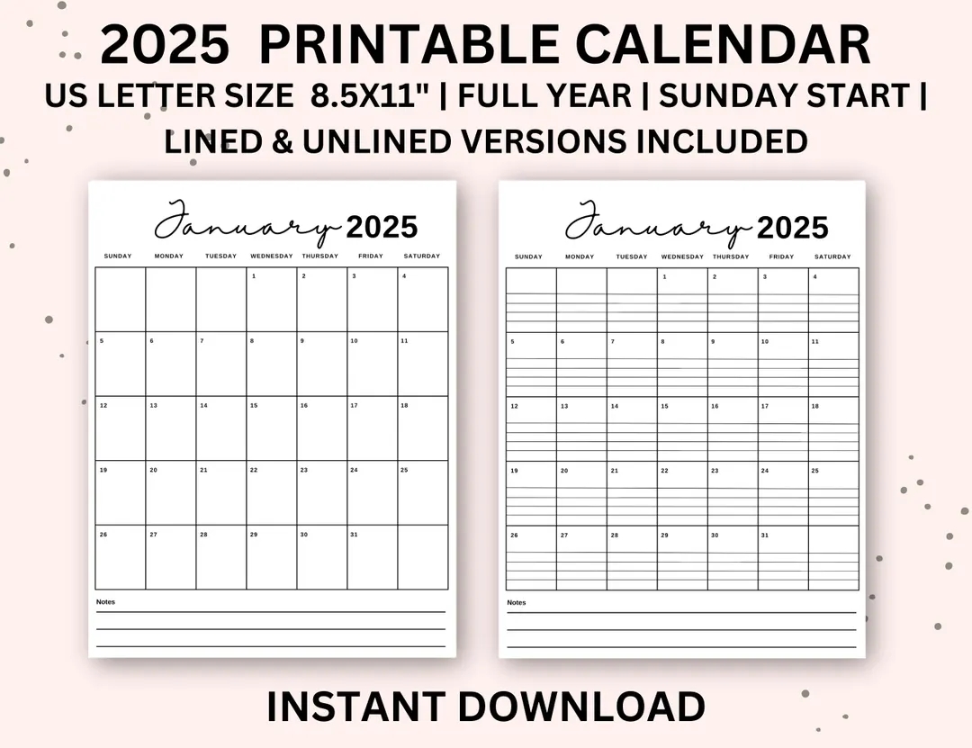 2025 Calendar Printable Portrait Monthly Calendar With Lines Monthly Calendar Vertical Lined Monthly Calendar Etsy