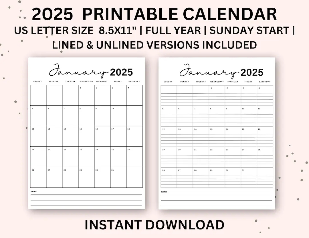 2025 Calendar Printable Portrait Monthly Calendar With Lines Monthly Calendar Vertical Lined Monthly Calendar Etsy