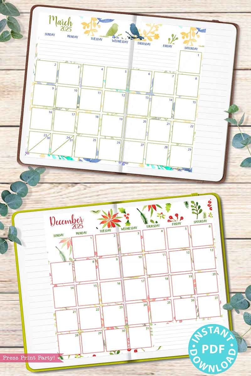 2025 Calendar Printable Set For Bullet Journals Or Binders Watercolor for Bullet Journals Or Binders 