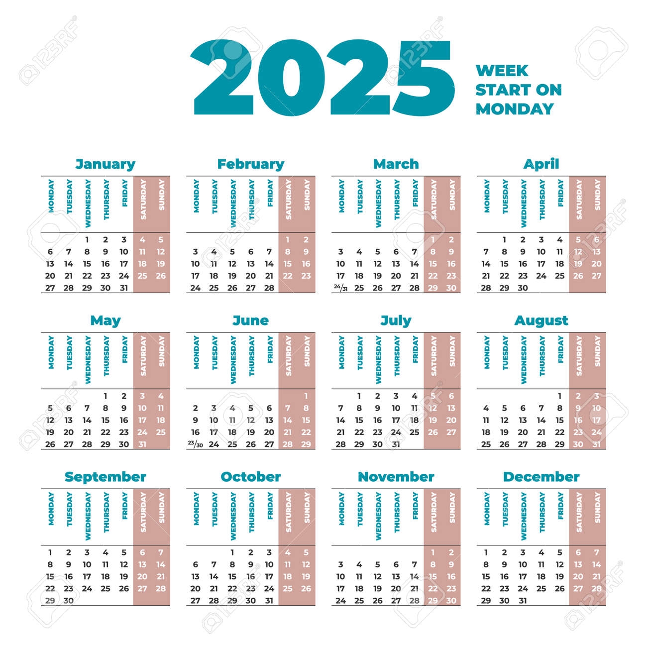 2025 Calendar Template With Weeks Start On Monday Royalty Free SVG Cliparts Vectors And Stock Illustration Image 164633313 