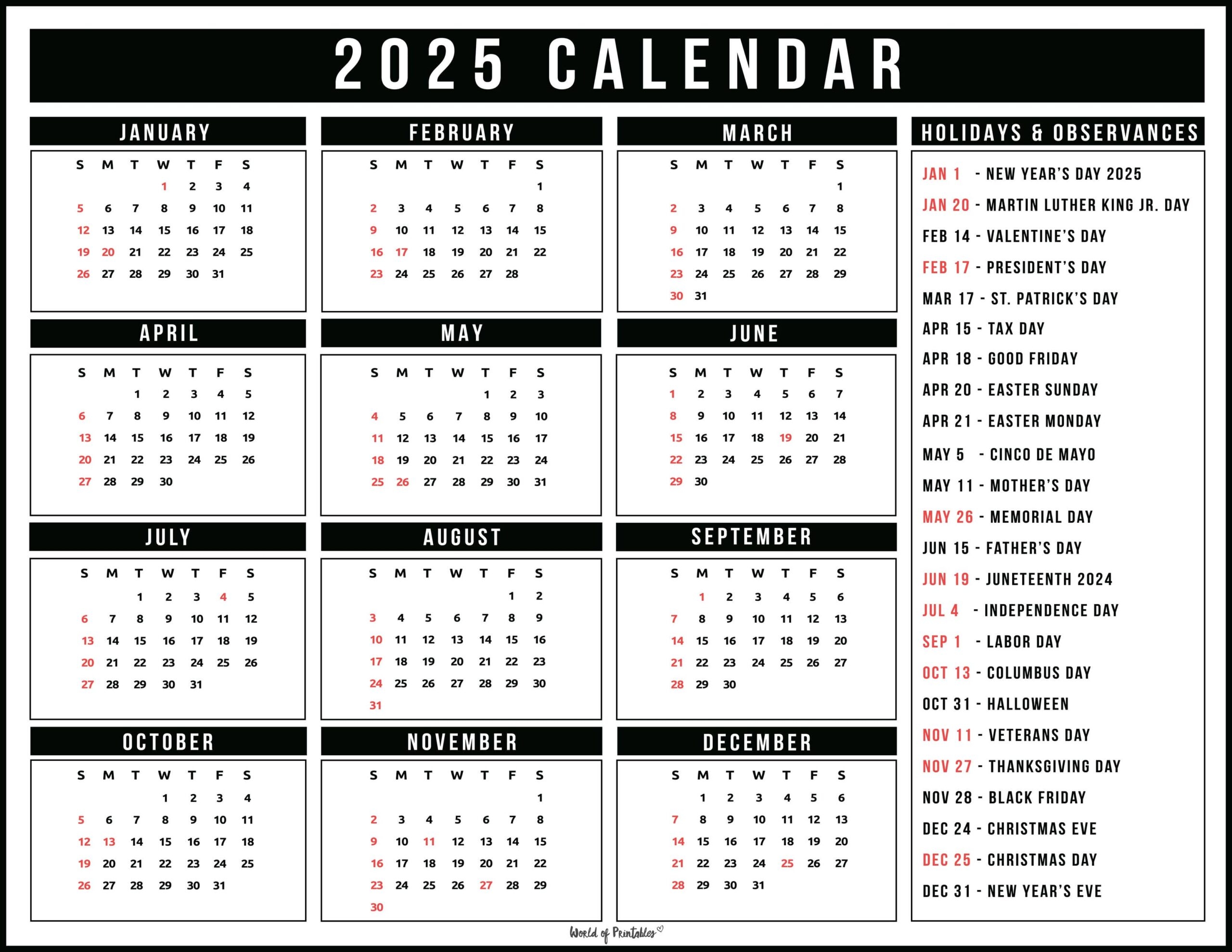 Blank 2025 Calendar With Holidays