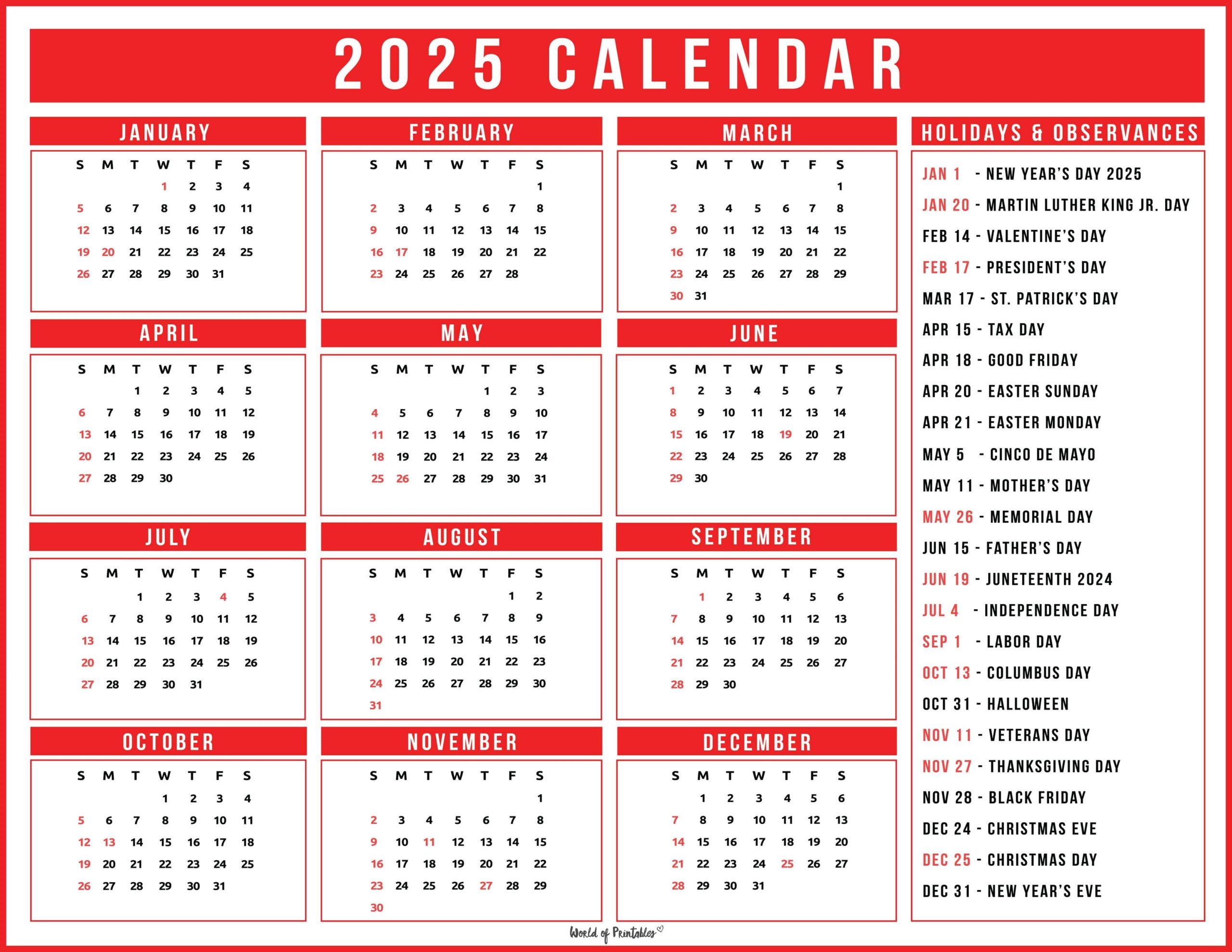 2025 Calendar With Holidays Free Printables In 28 Unique Styles World Of Printables