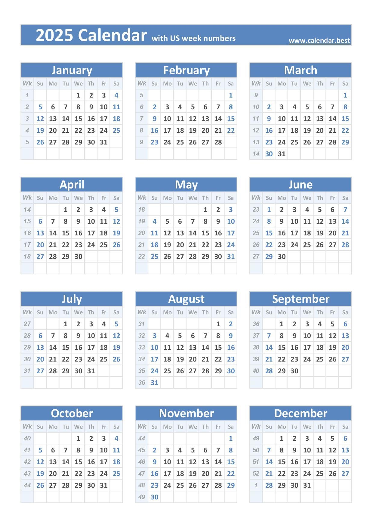 2025 Calendar With Week Numbers US And ISO Week Numbers 