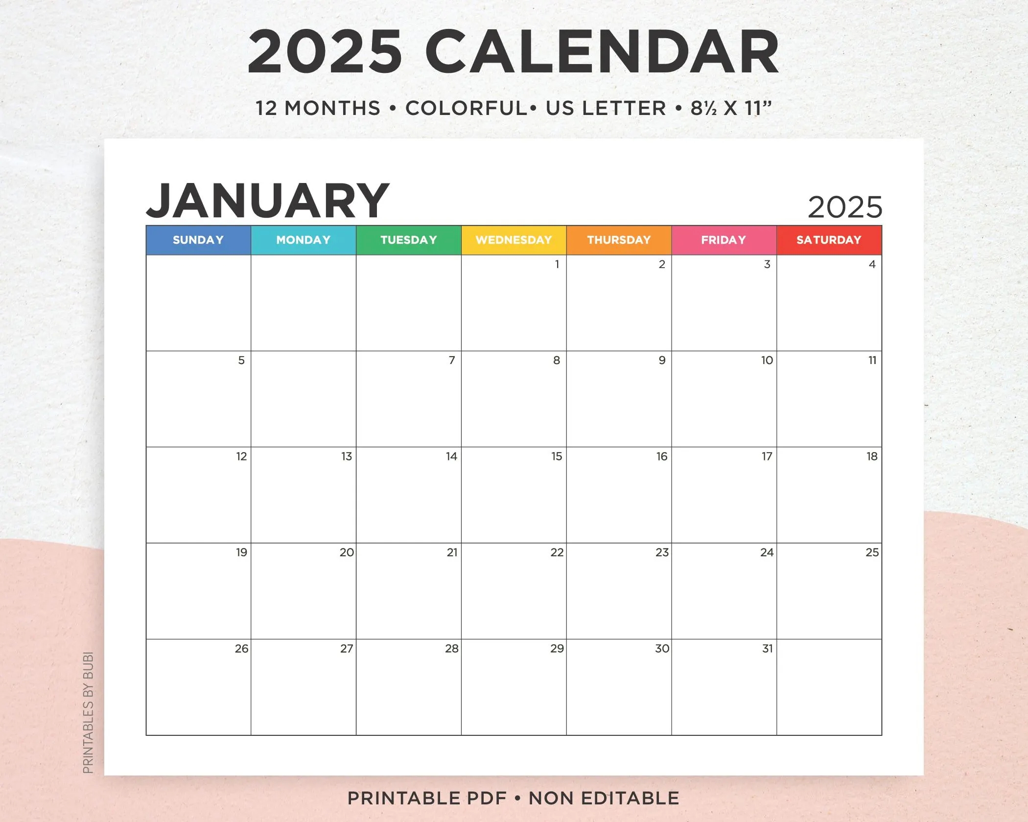 2025 Colorful Calendar Printable 12 Month Printable Calendar PDF Download Yearly Calendar 2025 Wall Calendar Desk Calendar US Letter Etsy