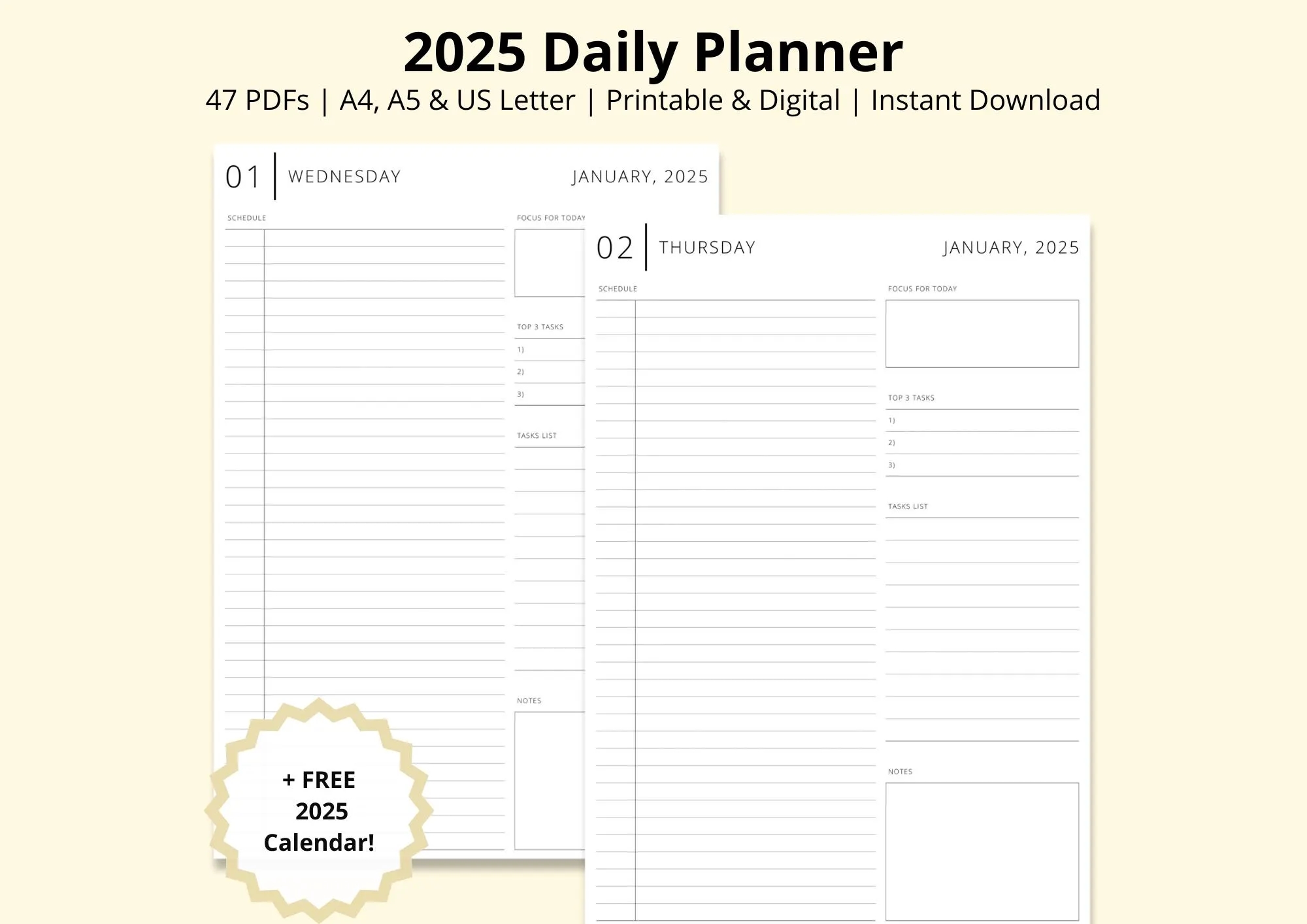 2025 Daily Planner 2025 Calendar Printable Blank Schedule Dated Yearly Planner Productivity Planner Digital 2025 Diary A4 a5 letter Etsy
