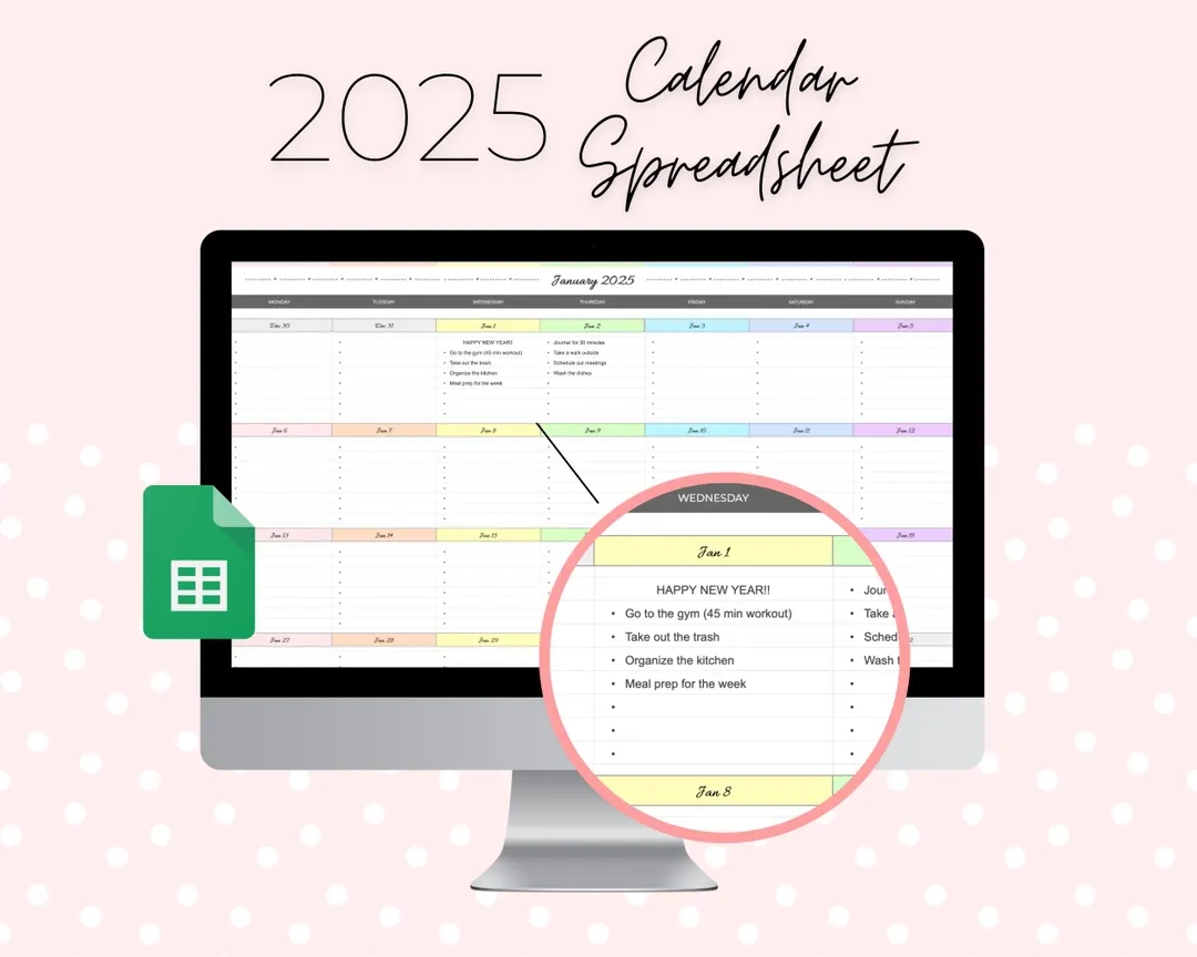 2025 Digital Calendar Spreadsheet Google Sheets Planner Template Editable Calendar Template 2025 Monthly Calendar Cute Planner Spreadsheet Etsy