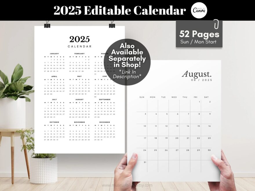2025 Editable Calendar Template 2025 Monthly Calendar 2025 Photo Calendar Printable Wall Calendar Desk Calendar Digital Planner Calendar Etsy