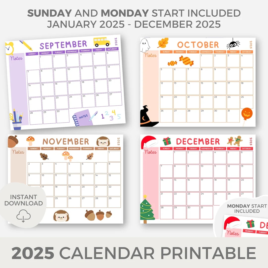2025 Kids Printable Calendar Printable Calendar For Children Kids Monthly Planner Monthly Calendar Homeschool Calendar Cute Calendar Etsy