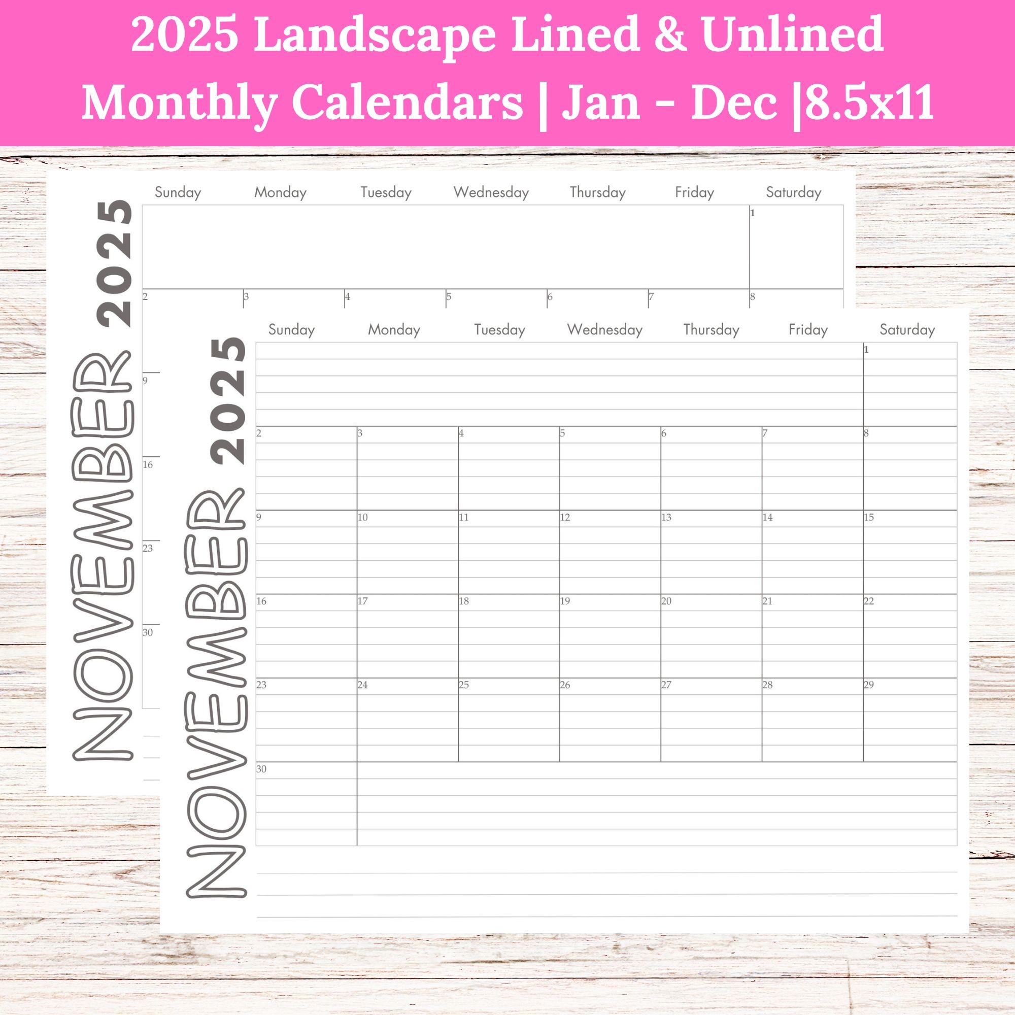 2025 Landscape Lined Unlined Monthly Calendars Jan Dec PDF Printable Download