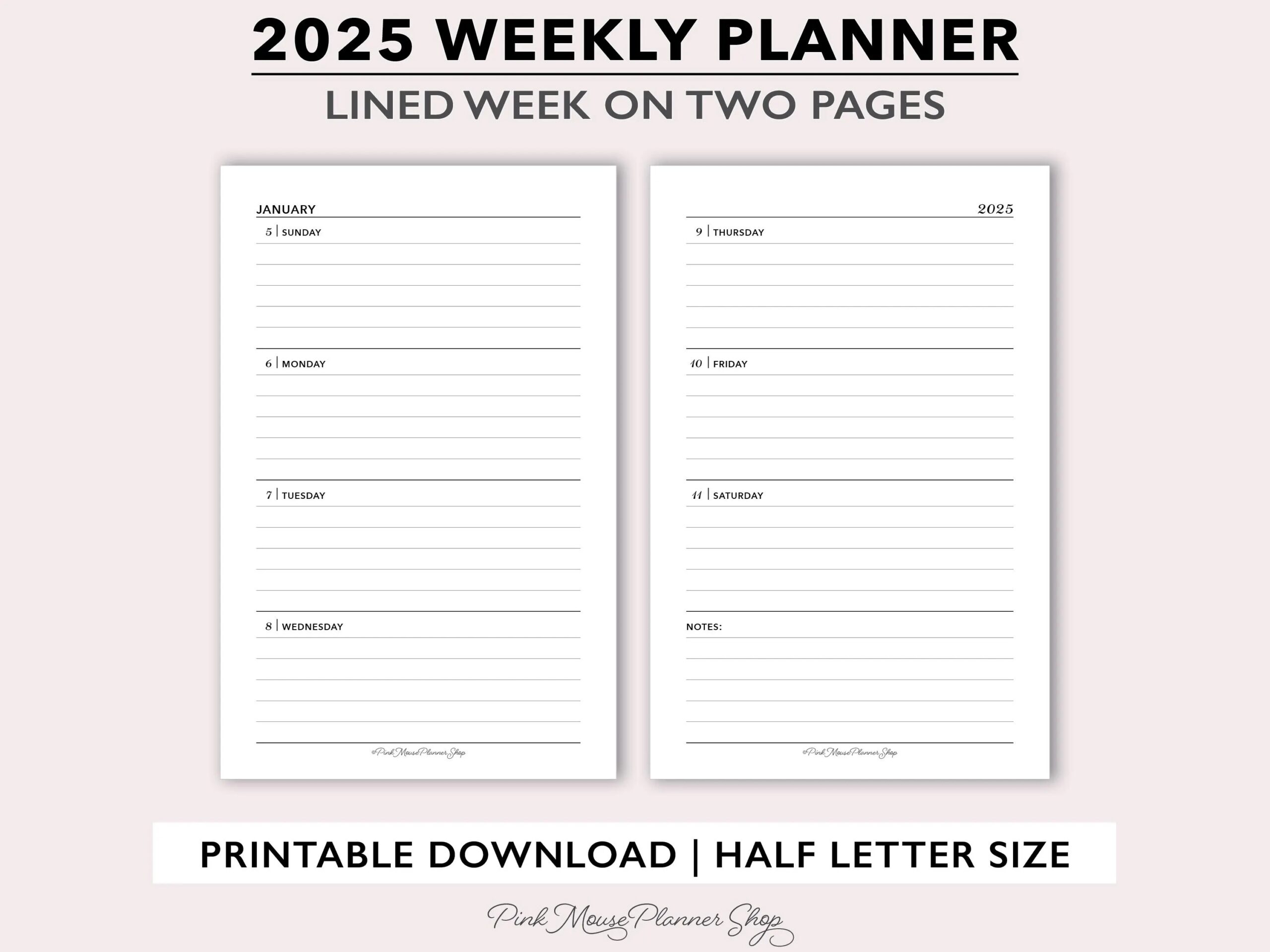 2025 Lined Weekly Planner Printable 2025 Weekly Planner Template Weekly Calendar For Ring Binders Half Size Week On 2 Page Ruled Agenda Etsy