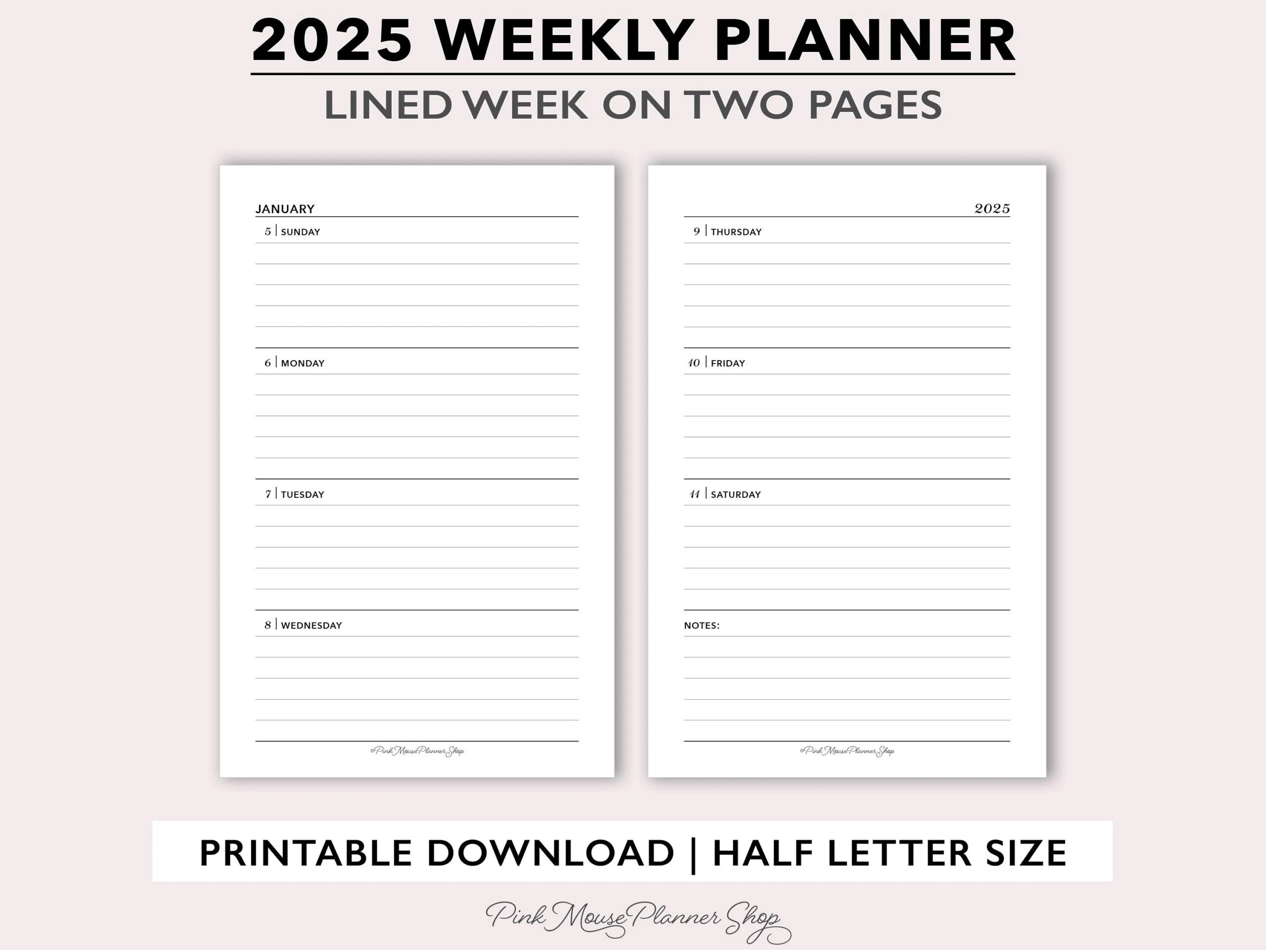 2025 Lined Weekly Planner Printable 2025 Weekly Planner Template Weekly Calendar For Ring Binders Half Size Week On 2 Page Ruled Agenda Etsy