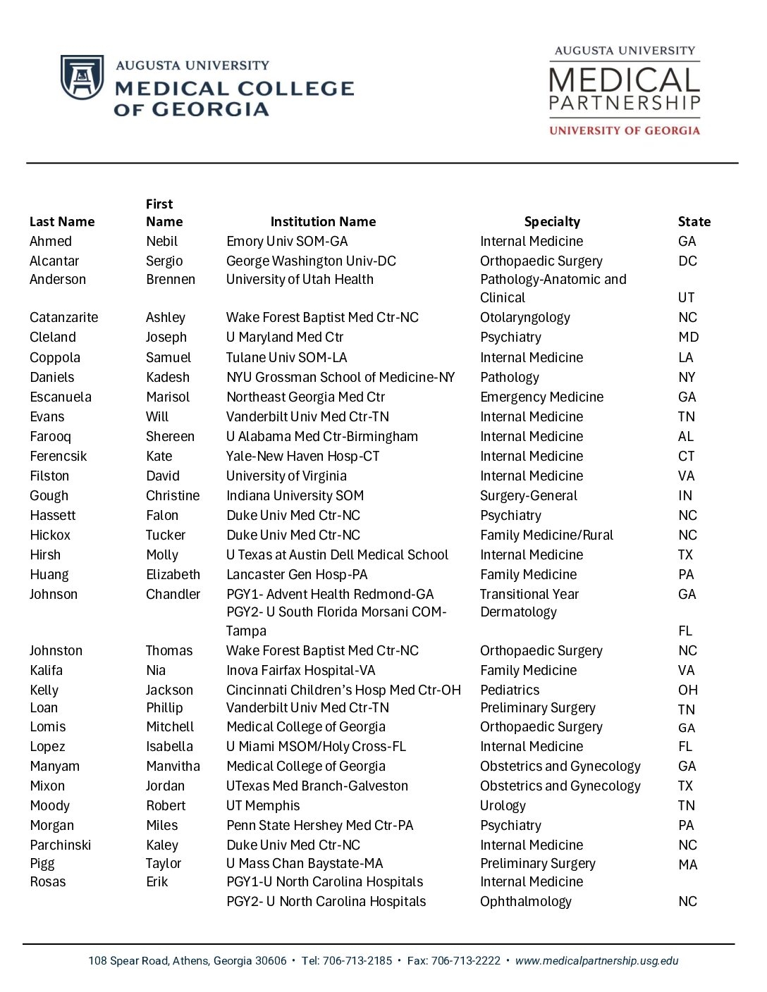 2025 MATCH LIST AU UGA Medical Partnership