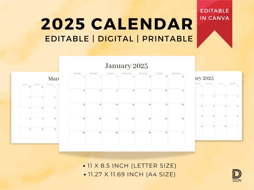 2025 Minimalist Monthly Calendar Printable Digital Editable Versions In A4 Letter Sizes Etsy