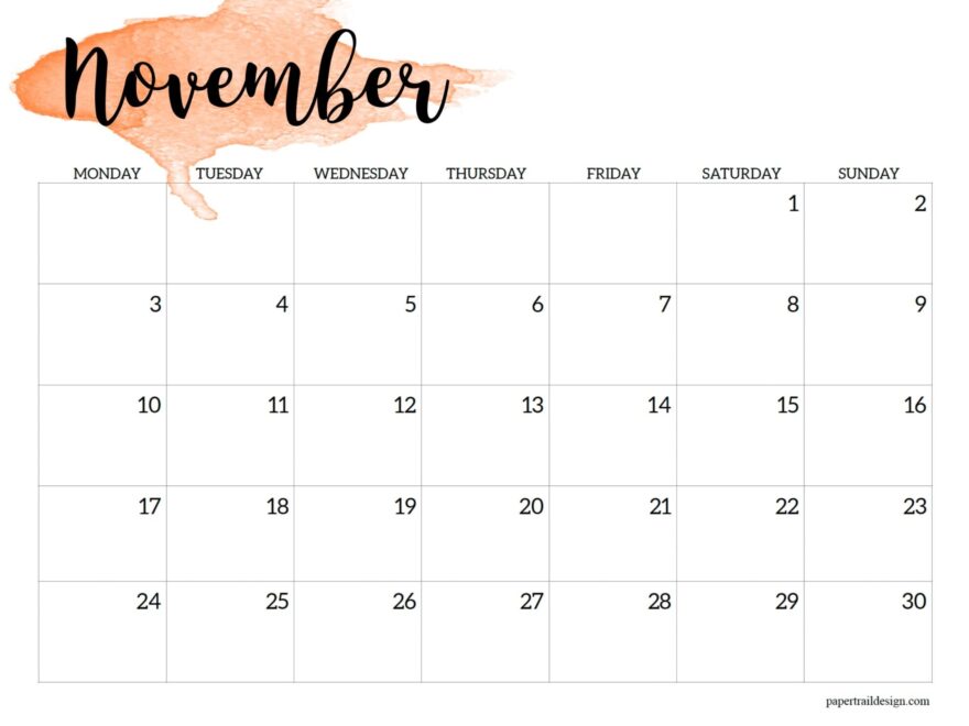 2025 Monday Start Calendar Printable Watercolor Paper Trail Design