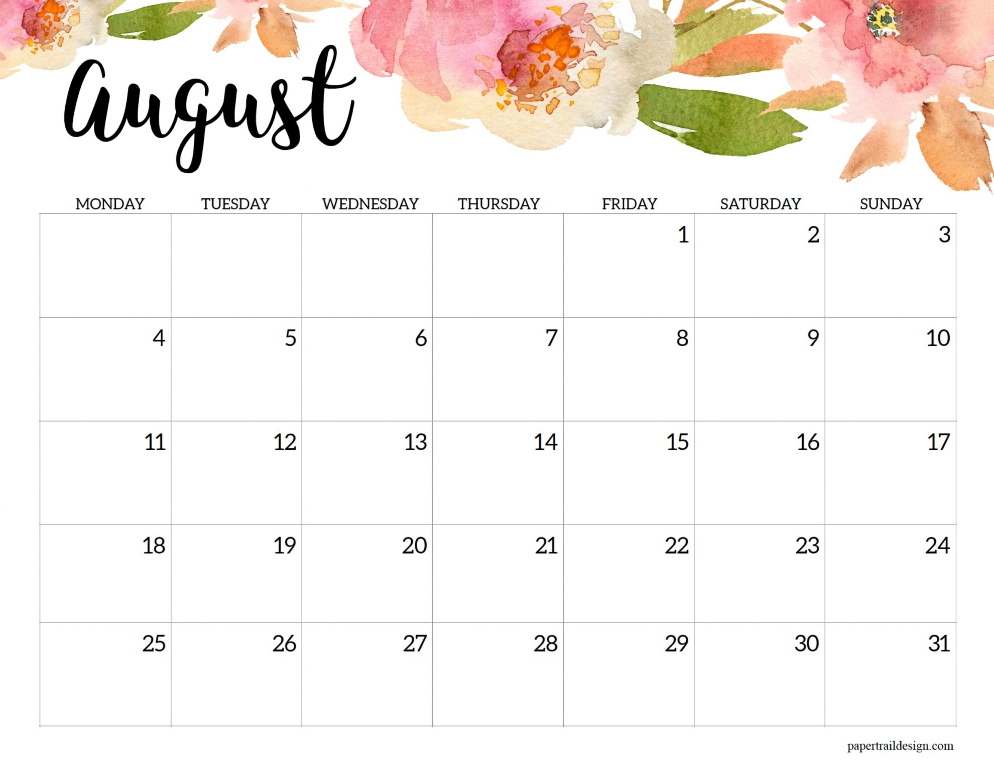 2025 Monday Start Floral Calendar Paper Trail Design
