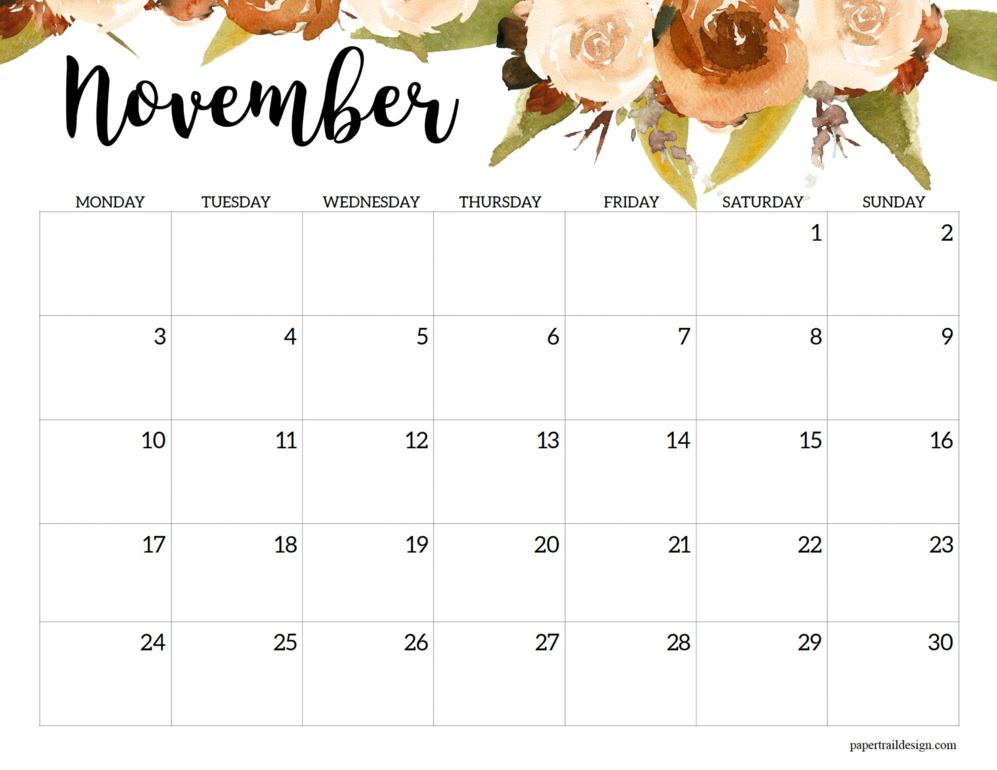 2025 Monday Start Floral Calendar Paper Trail Design