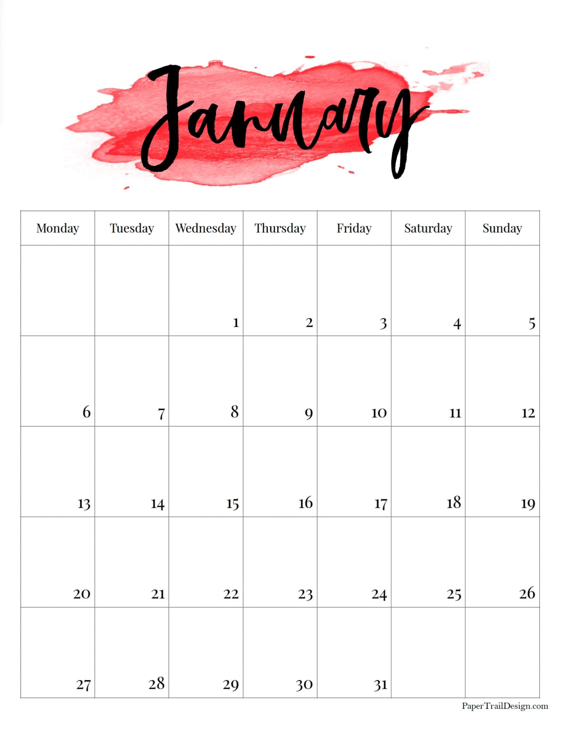 2025 Monday Start Watercolor Calendar Paper Trail Design