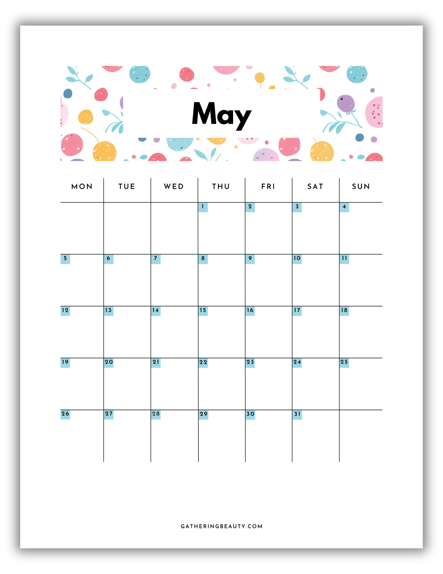 2025 Monthly Calendar Printable Gathering Beauty