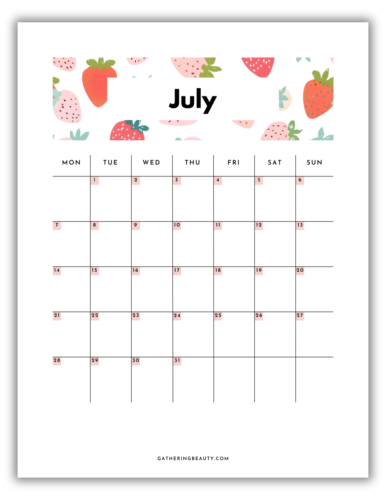 2025 Monthly Calendar Printable Gathering Beauty