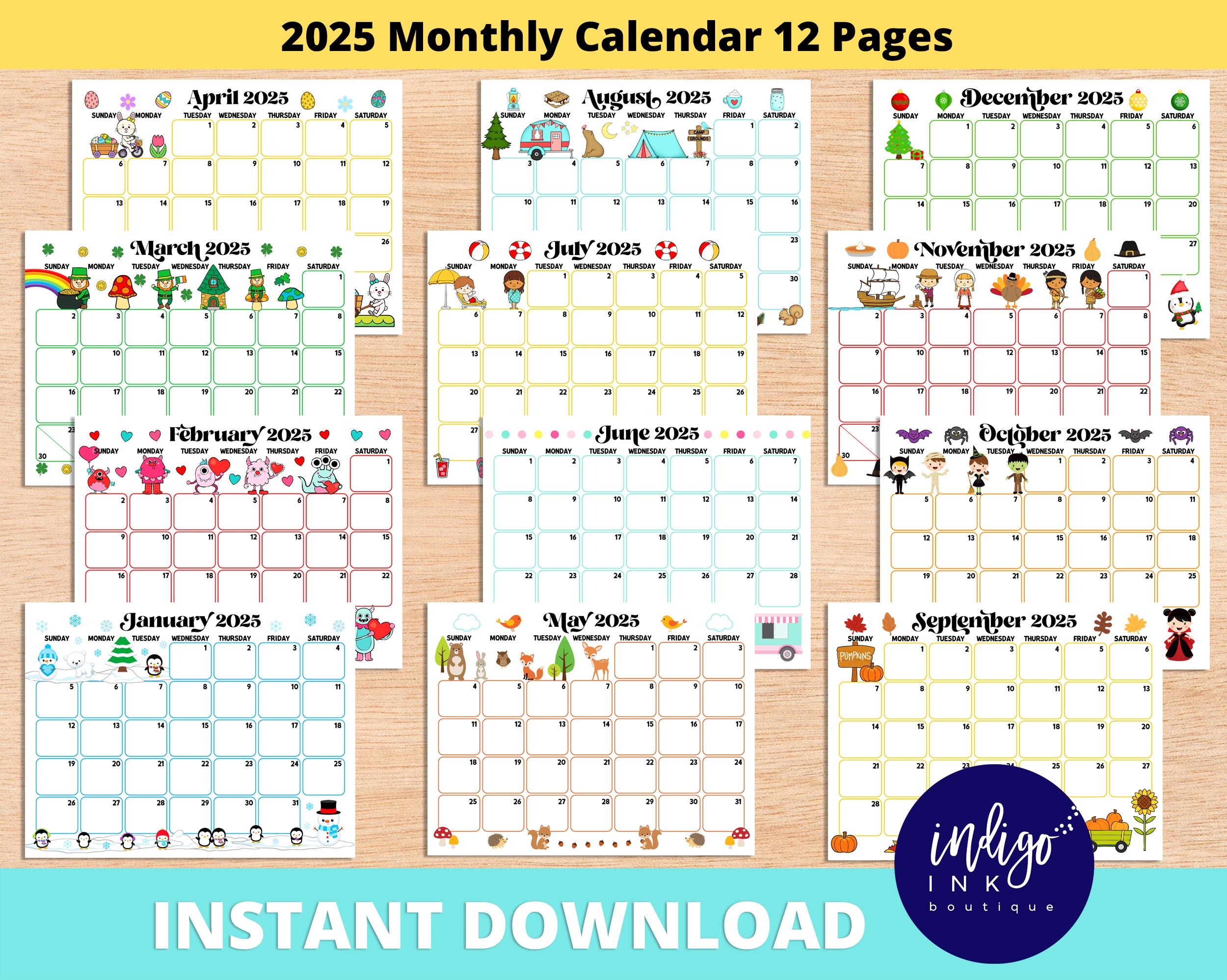 2025 Monthly Calendar Printable INSTANT DOWNLOAD 2025 Calendar Kids Printable Kids Monthly Calendar Organization For Kid PDF Calendar Etsy