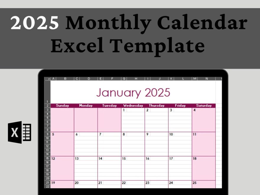 2025 Monthly Calendar Template Excel Monthly Calendar Template Editable Monthly Planner Template Monthly Calendar Excel Calendar Template Etsy