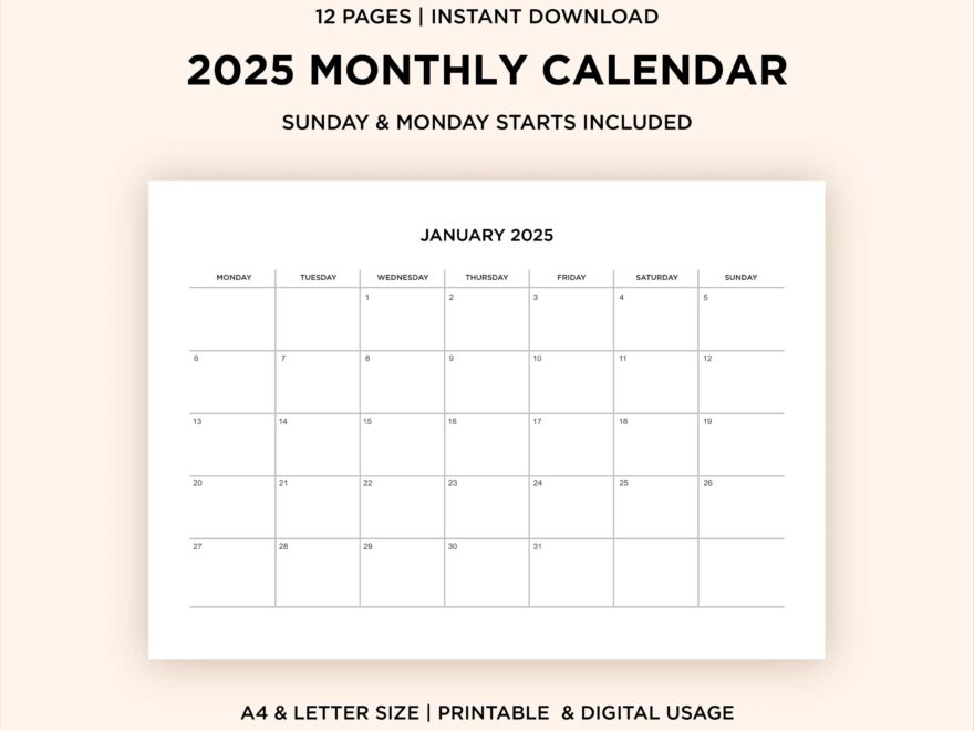 2025 Monthly Calendar Template Printable Instant Digital Download Sunday Monday Start A4 letter Size Minimalist Aesthetic Calendar Etsy