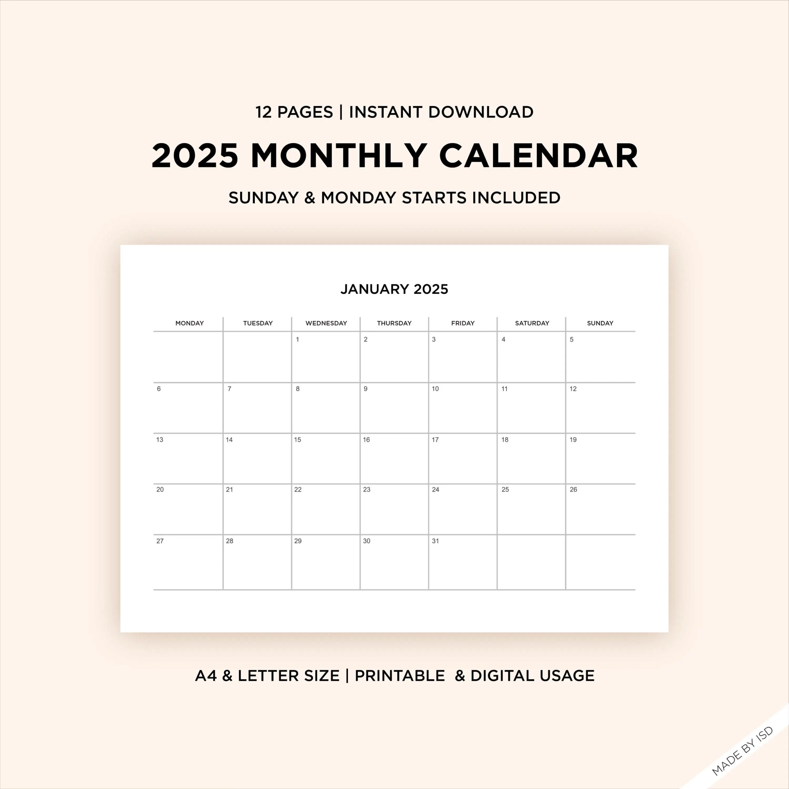 2025 Monthly Calendar Template Printable Instant Digital Download Sunday Monday Start A4 letter Size Minimalist Aesthetic Calendar Etsy
