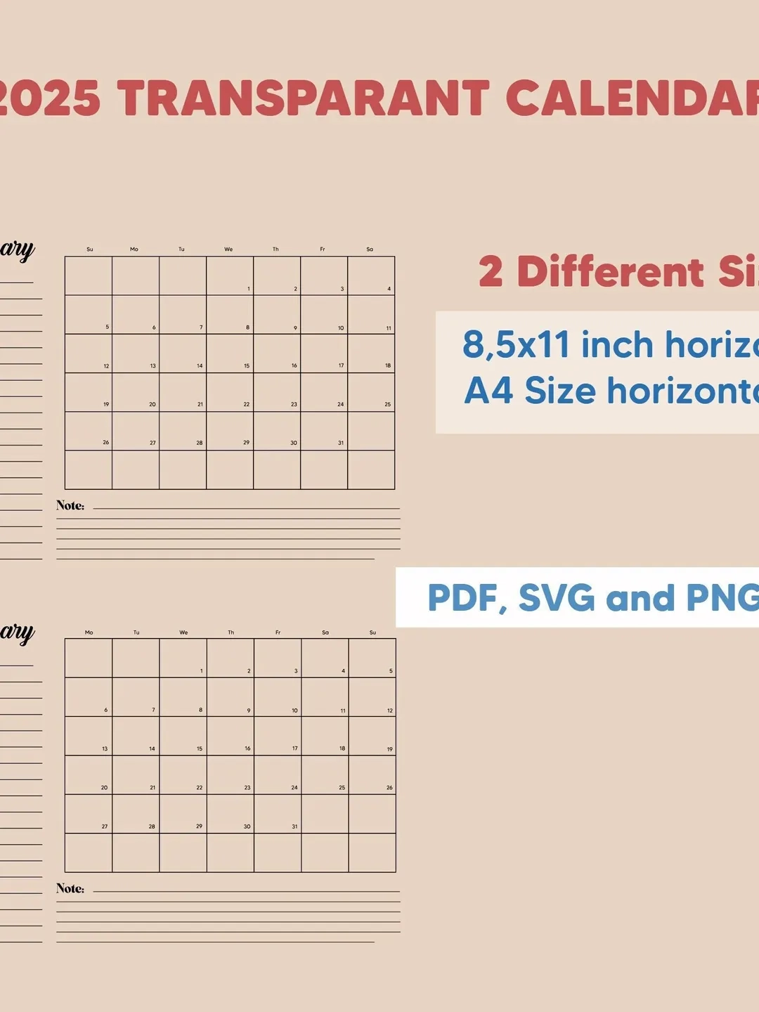 2025 Monthly Calendar Template Transparent Calendar Monday And Sunday Start Planner Template PNG SVG Calendar 2025 Letter A4 Size 2 99 Buy Online With Delivery
