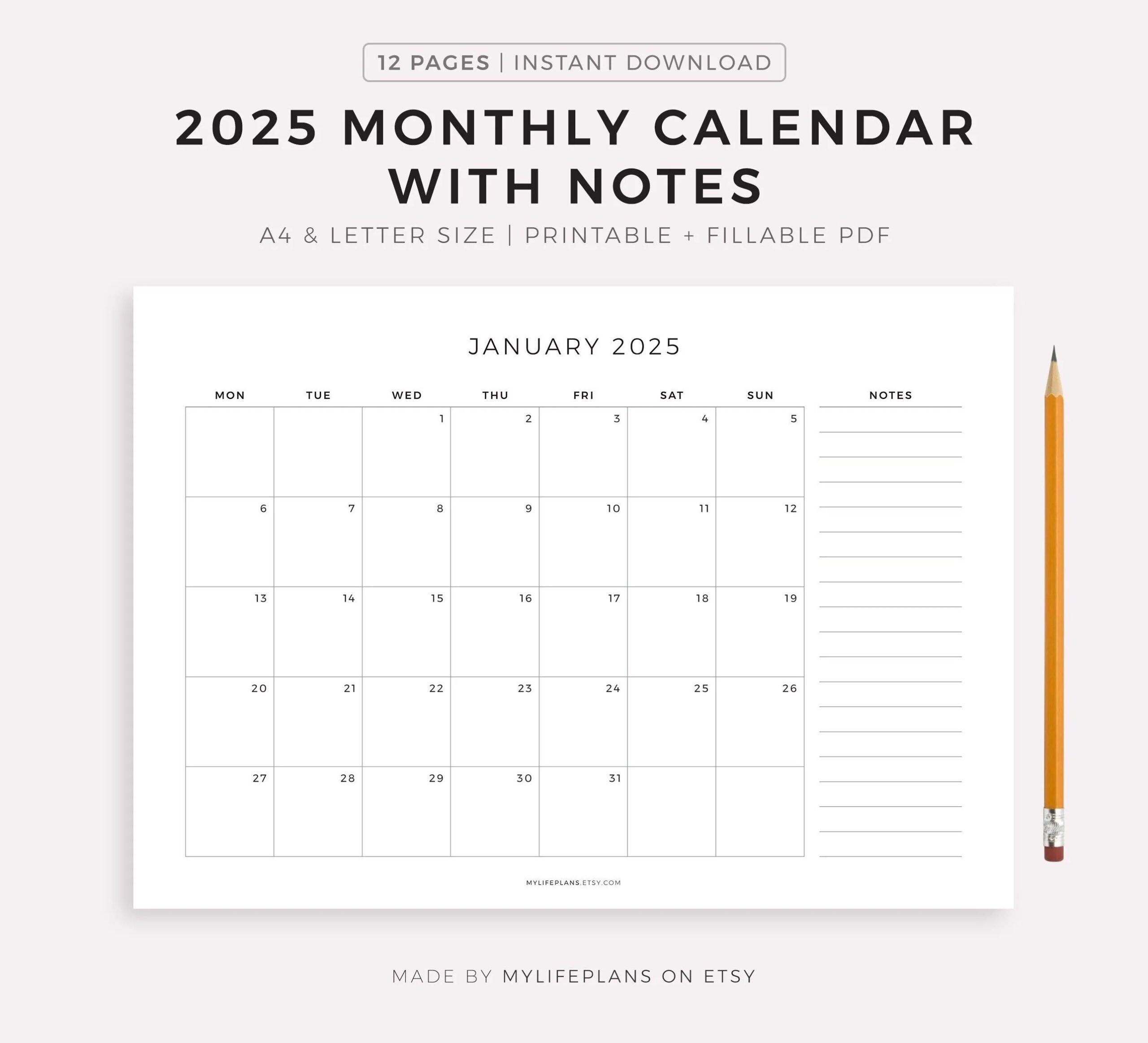 2025 Monthly Calendar With Notes Landscape Printable Calendar Template Minimalist Calendar Year Calendar Monday sunday Start A4 letter Etsy