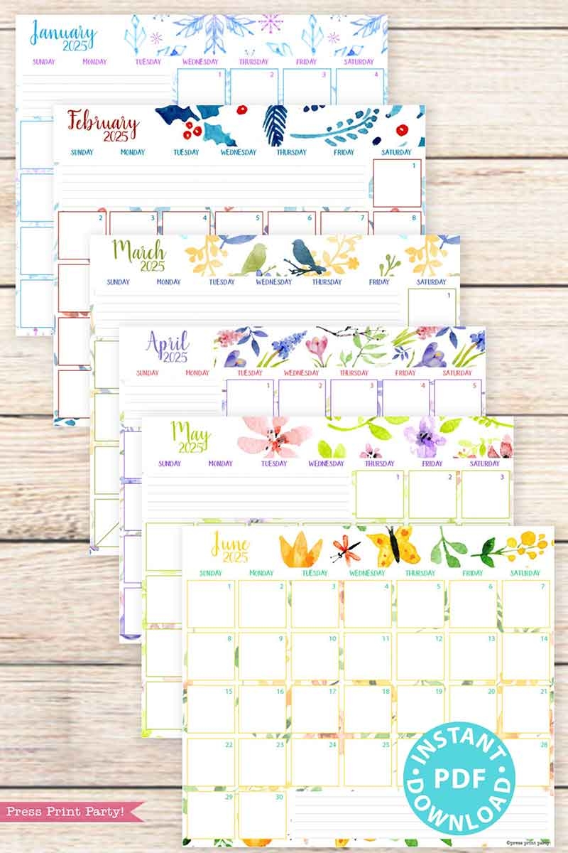 2025 Monthly Calendars For Bullet Journals Or Binders Watercolor Printable 